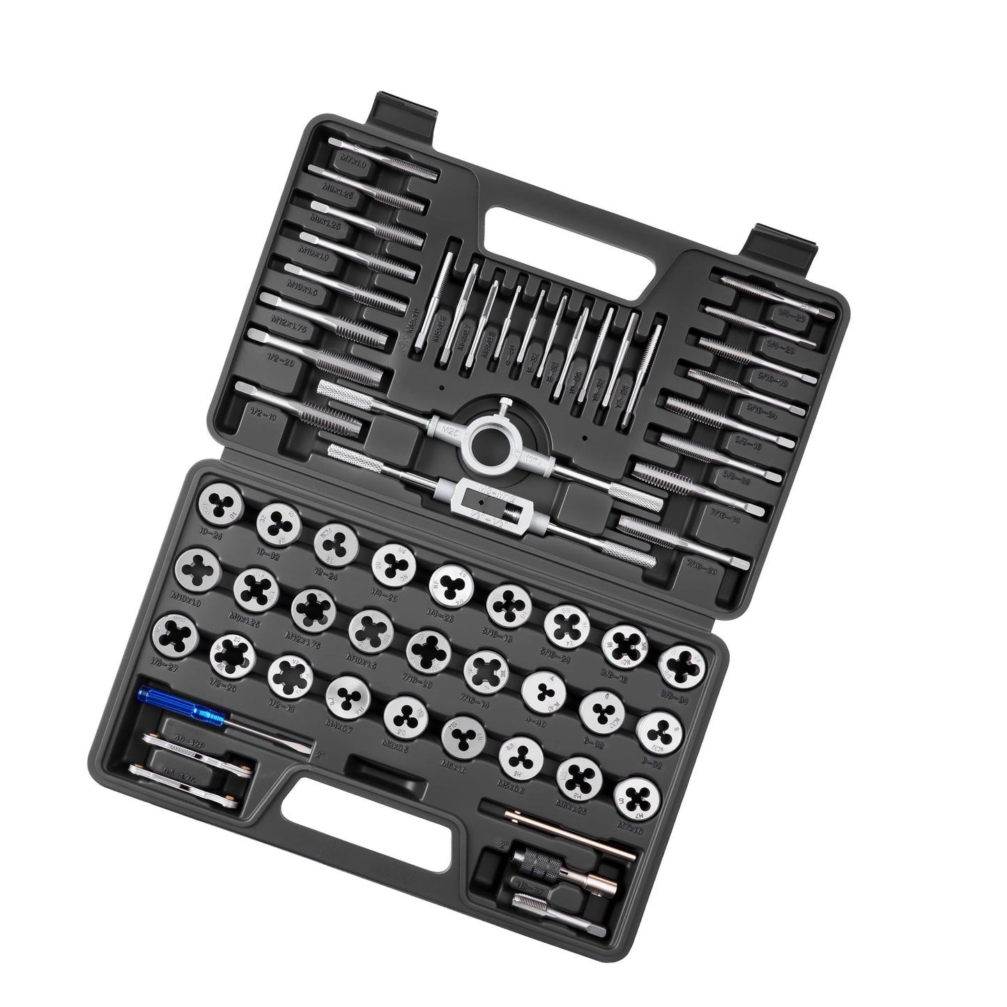 KFFKFF 60-Piece Tap and Die Set, Metric and SAE Sizes M3 to M12, #4 to 1/2", Includes Coarse and Fine Thread Tools, Wrenches, Storage Case, and Accessories for Threading and Rethreading