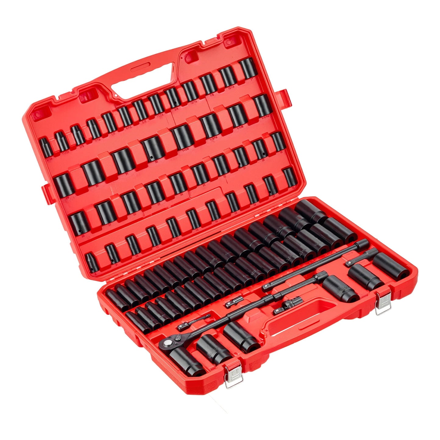 KFFKFF 96-Piece 3/8 Inch Drive Impact Socket Set, 6-Point Deep & Shallow Sockets, SAE (5/16 Inch to 3/4 Inch) and Metric (8 to 22 mm) Sizes, Includes 3-Inch & 6-Inch Extension Bars, Cr-V Steel