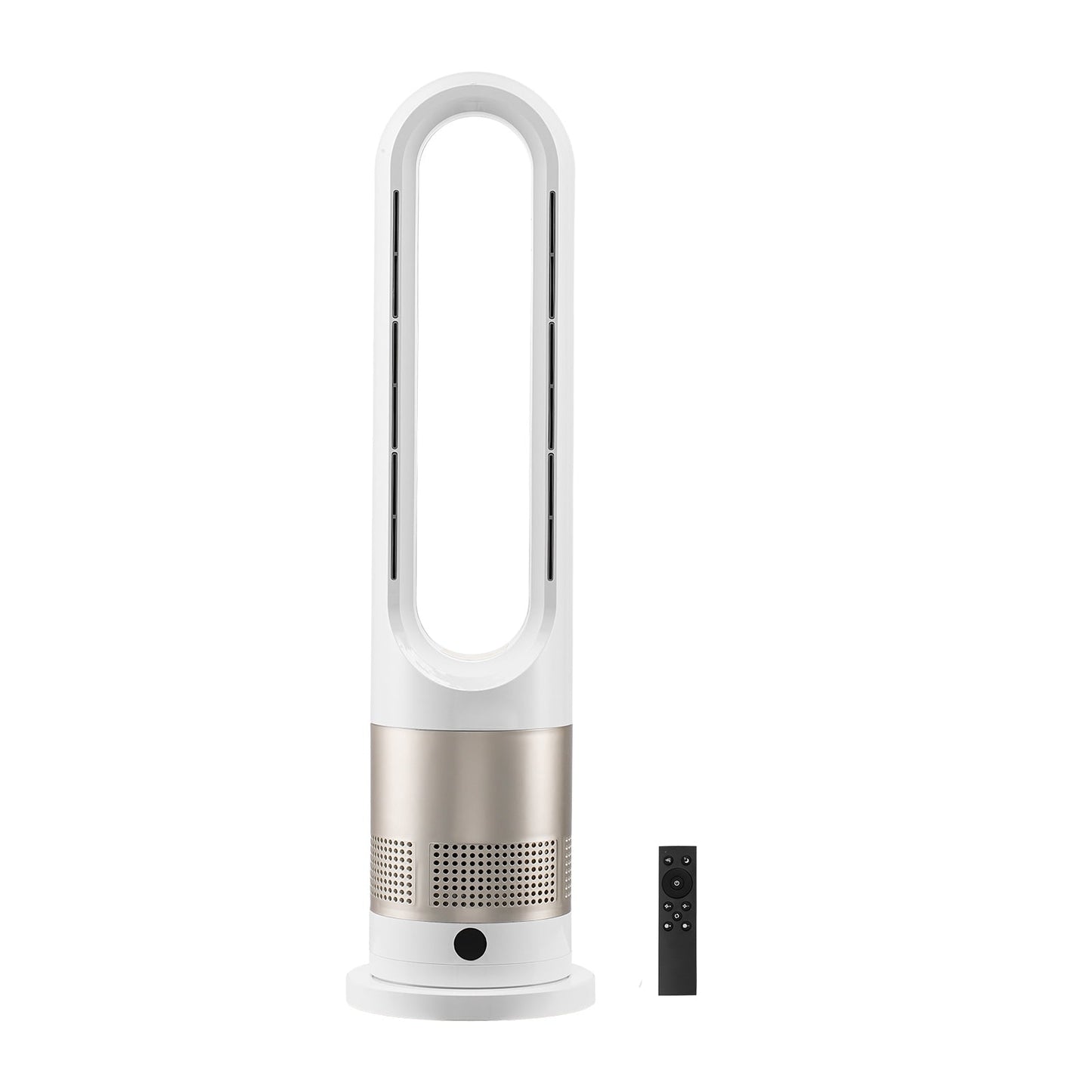 KFFKFF Bladeless Tower Fan, Silent Floor Fan with Cold & Warm Air Output, 80° Swiveling Fans with 8 Velocity Levels, 9H Timing, Standalone Fans with Remote for Living Room, Workspace, Residence