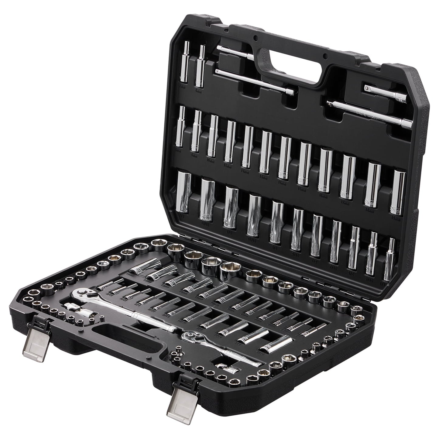 KFFKFF Juego Completo de Casquillos, Kit de Trinquete de Transmisión de 1/4" y 3/8" y Casquillo, Diseño de 6 Puntos, Colección de Herramientas SAE y Métricas de 106 Piezas, Incluye Casquillos Profundos y Estándar (5/32-1 in, 5-19 mm)