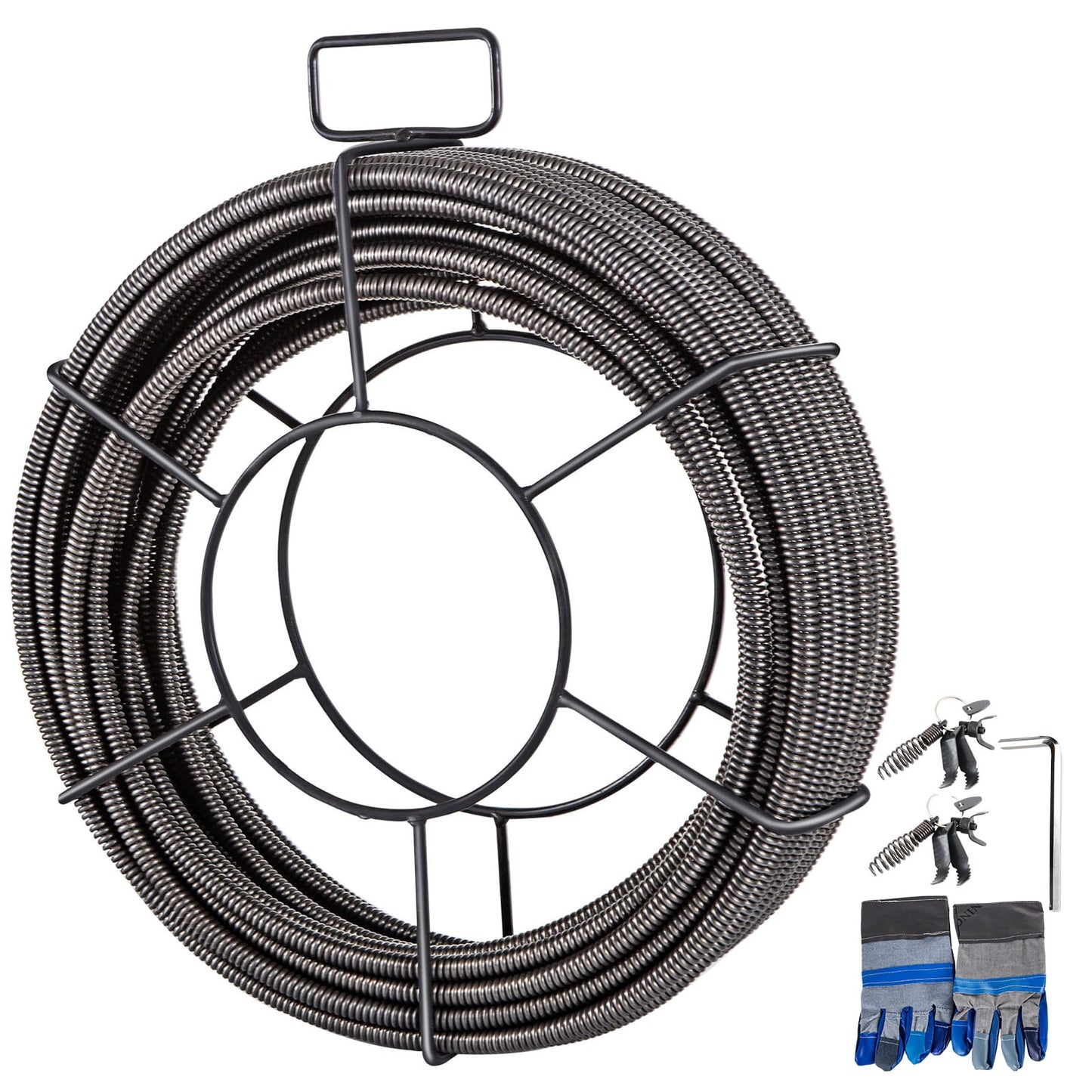 KFFKFF Drain Cleaning Cable 100 FT x 3/8 Inch, Solid Core Steel Sewer Cable with 4 Cutters for 2" to 4" Pipes, Sewer Auger Cleaner Cable for Sink, Floor Drain, and Toilet
