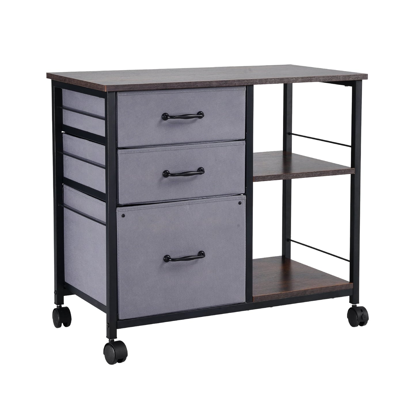 KFFKFF Metal File Cabinet, Mobile Filing Unit with 3 Fabric Drawers and 2 Open Shelves, Wooden Vertical Storage Cabinet with Wheels for Letter, A4, and Legal Size Files, Easy to Assemble, Brown