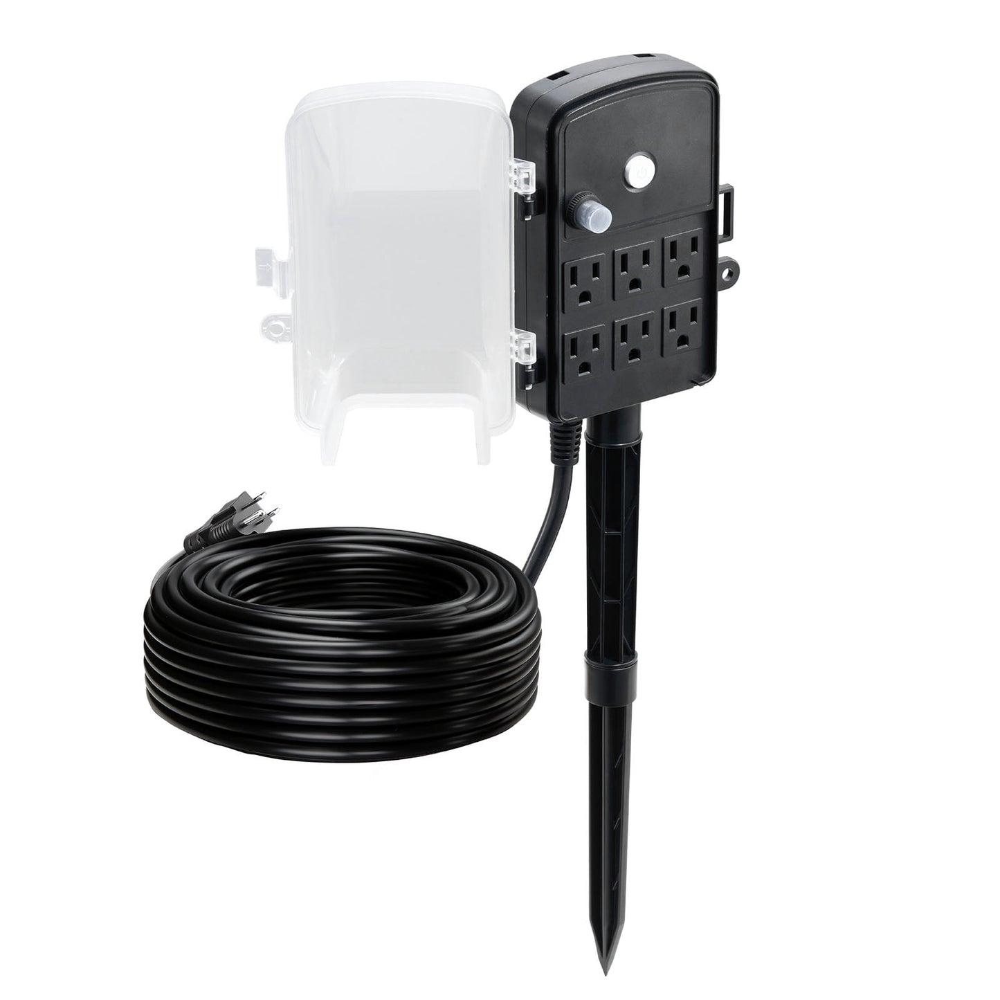 KFFKFF Outdoor Power Stake with 100 FT Extension Cord, Weather-Resistant Power Strip with Cover and Overload Protection, 6 Outlets,13A/1625W,Waterproof Multi-Outlet Yard Stake for Holiday Decorations