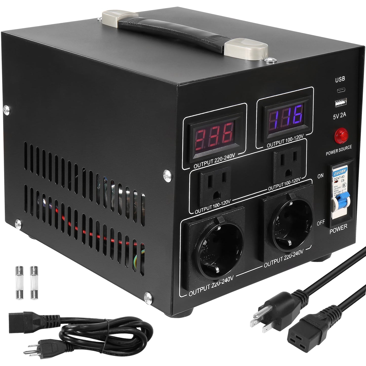 KFFKFF Power Converter, 2000W, Durable Step Up/Down Unit, Switches between 110V and 220V, Includes US and EU Outlets plus 5V USB Port, CE Approved