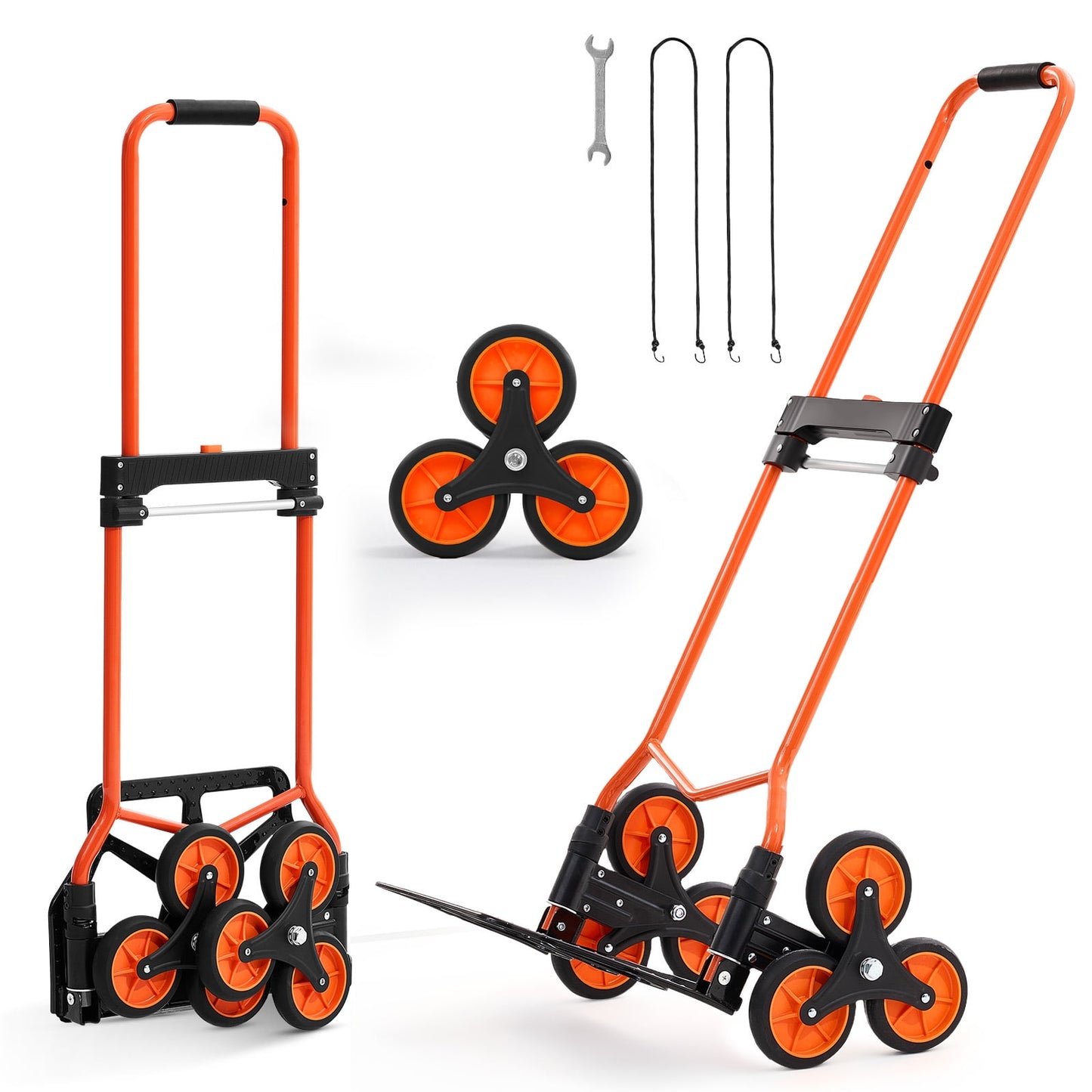KFFKFF Stair Climbing Cart, 120 lbs Capacity, Folding Trolley with Adjustable Handle, 6-Wheel Design and 2 Bungee Cords, Ideal for Home, Groceries, and Warehouse Use