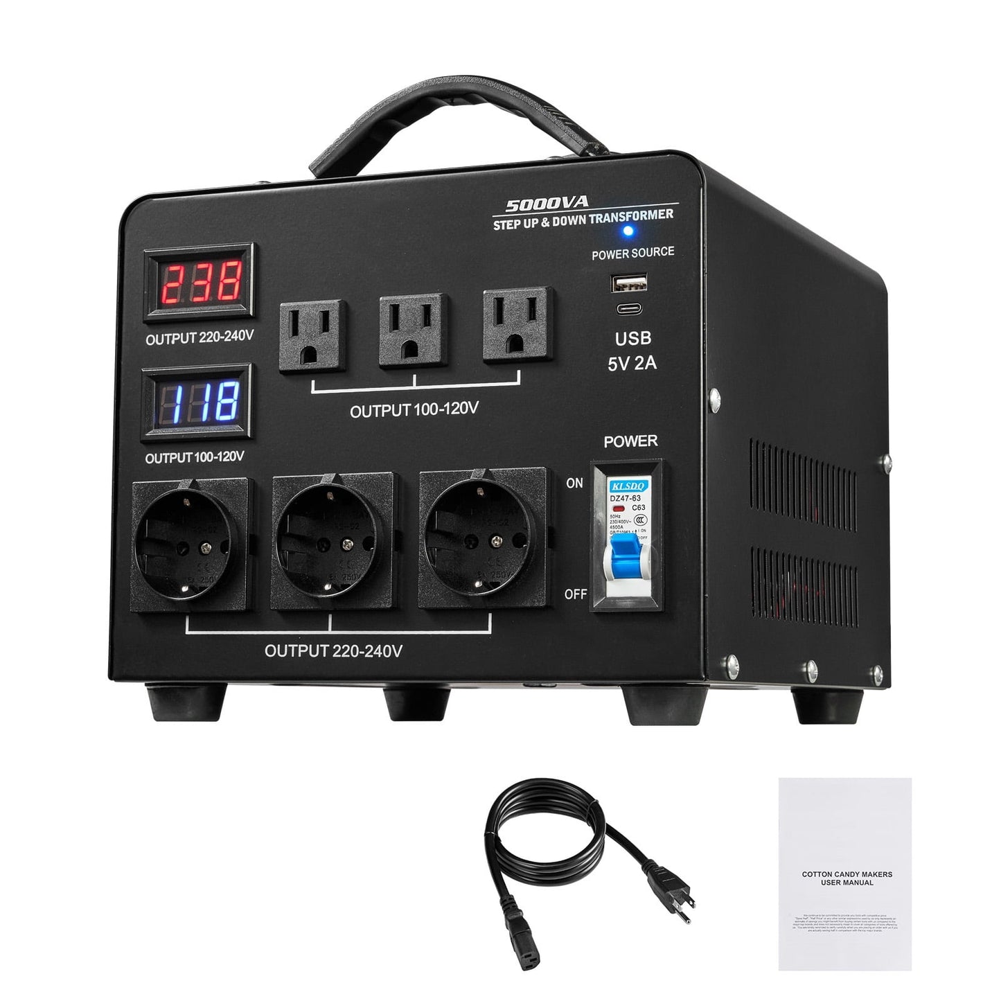 KFFKFF Voltage Auto Converter Transformer, 5000VA, Durable Step Up/Down Power Transformer, Converts 110V to 220V and 220V to 110V, Features 3 US Outlets, 3 EU Outlets, LCD Screen