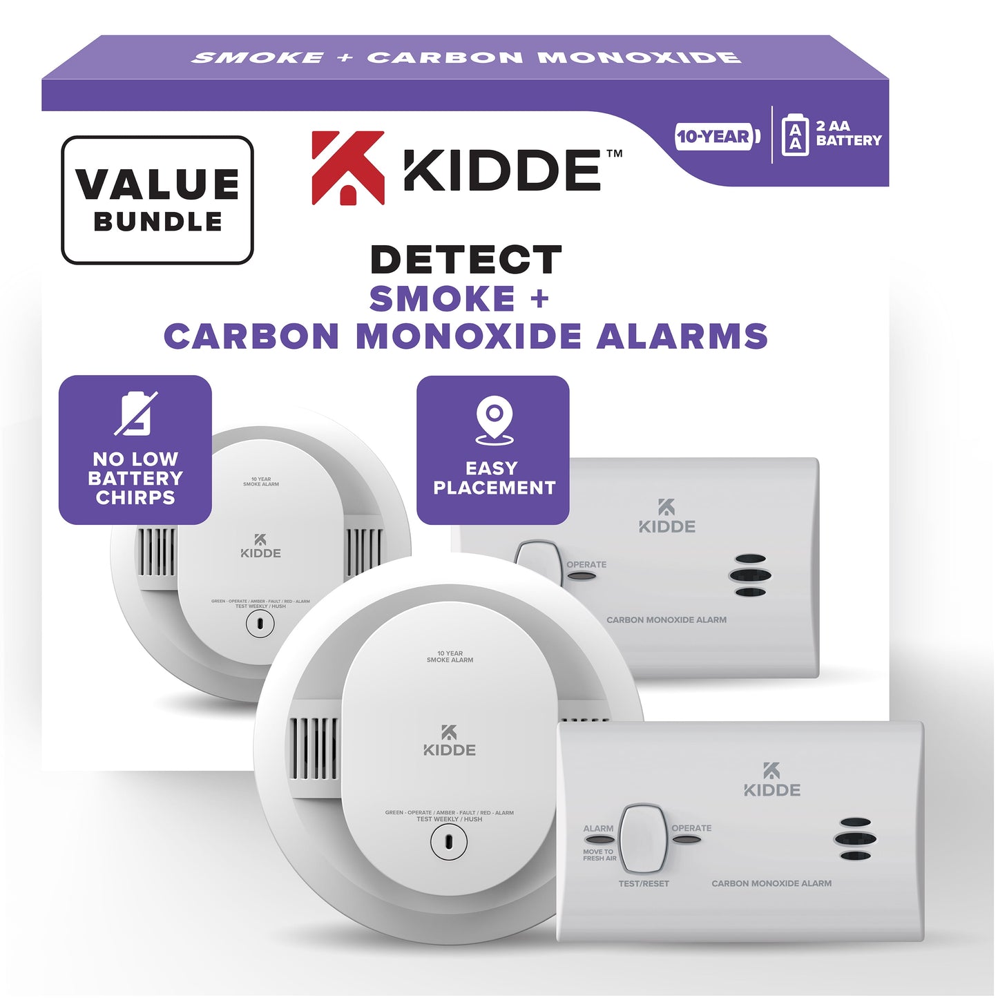 Kidde Detector de Humo con BaterÃa de 10 Años y Detector de Monóxido de Carbono con BaterÃa AA Paquete Económico