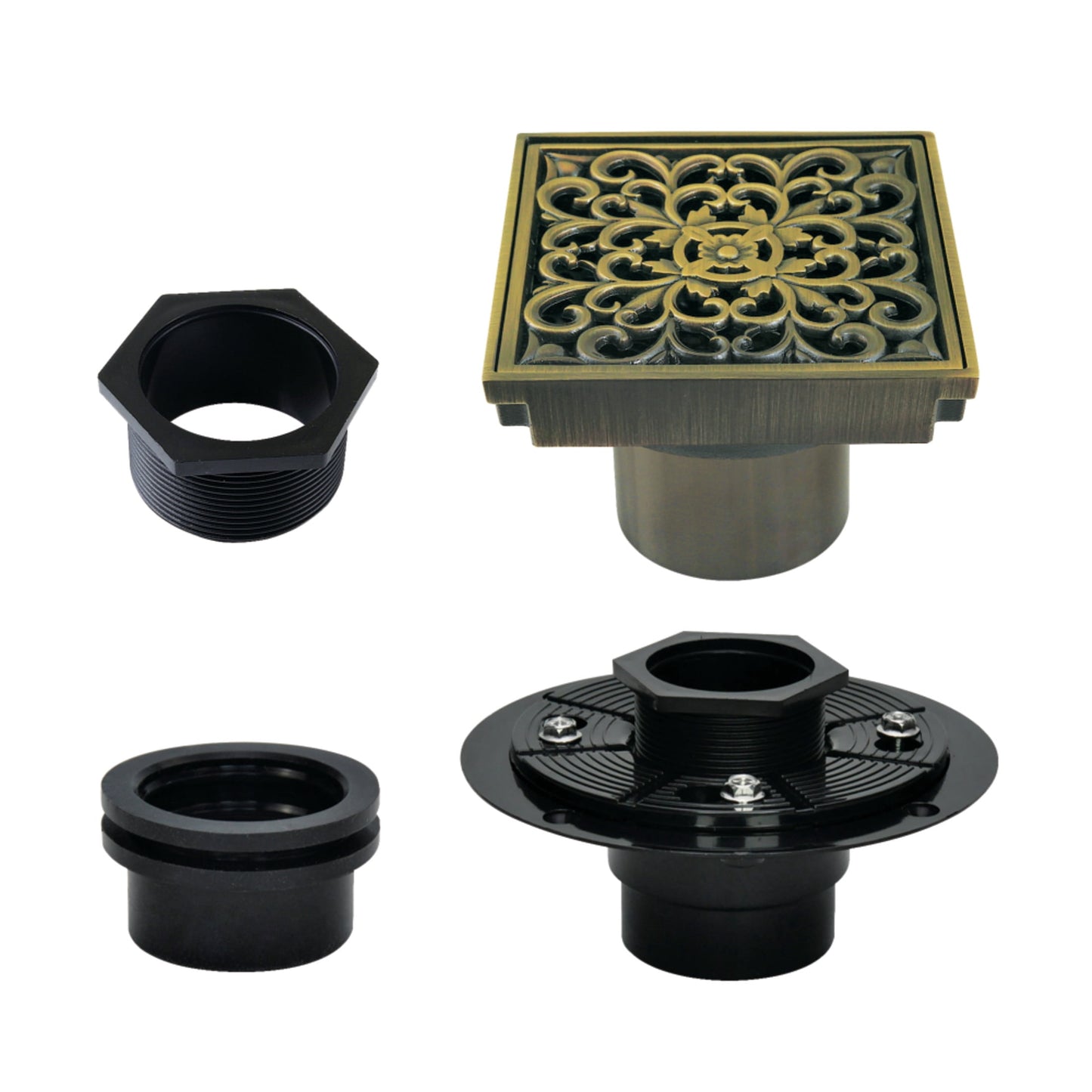 Kingston Brass BSFK9771AB Watercourse 4-Inch Brass Square Grid Shower Drain with Hair Strainer and Base Flange in Antique Brass