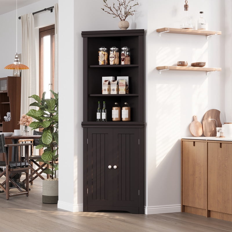 Lacoo Gabinete de Esquina de 62'' de Alto con 3 Estantes y 2 Puertas, Gabinete de Almacenamiento de Esquina con Estantes Ajustables para Cocina, Sala de Estar, Baño, Blanco