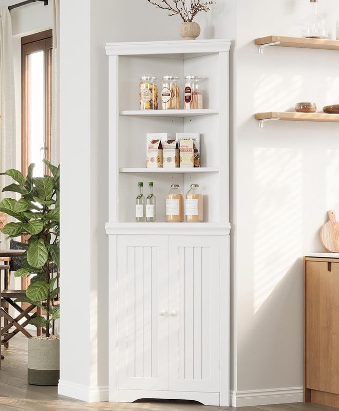 Lacoo 62'' Tall Corner Cabinet with 3 Shelves and 2 Doors, Corner Storage Cabinet Shelving Storage with Adjustable Shelves for Kitchen Living Room Bathroom, White
