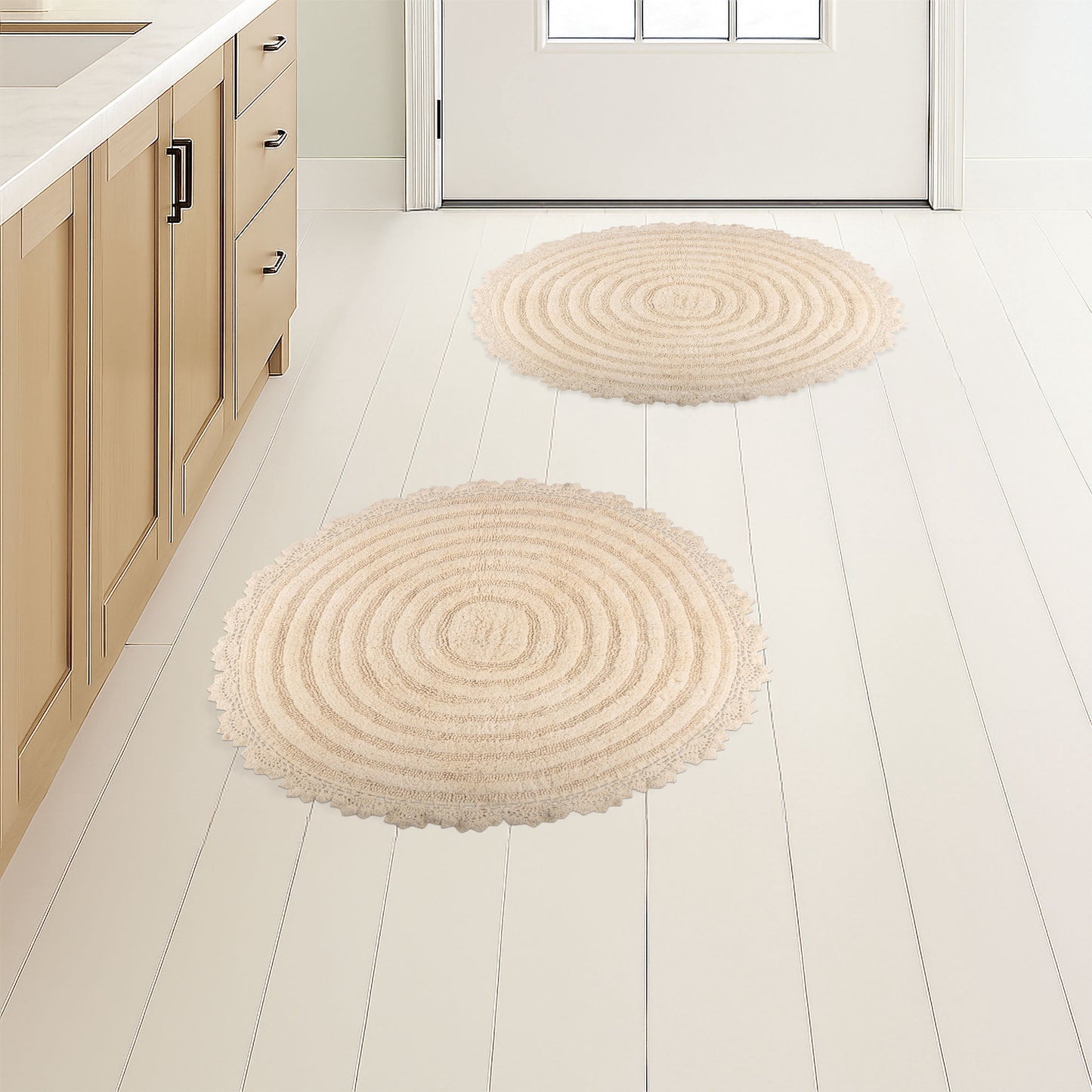 Lavish Home Bathroom Rugs - 2-Piece Woven Cotton Bath Mat Set (Ivory)