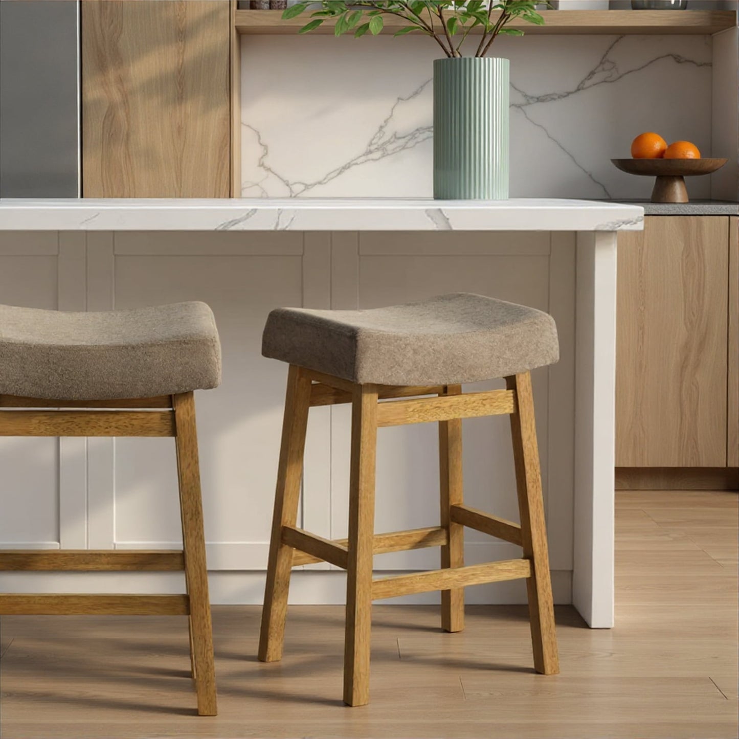 Lenon Modern Farmhouse Wood Counter Height Kitchen Bar Stool in Amber Glow Finish with Taupe Fabric Upholstered Seat - Set of 2