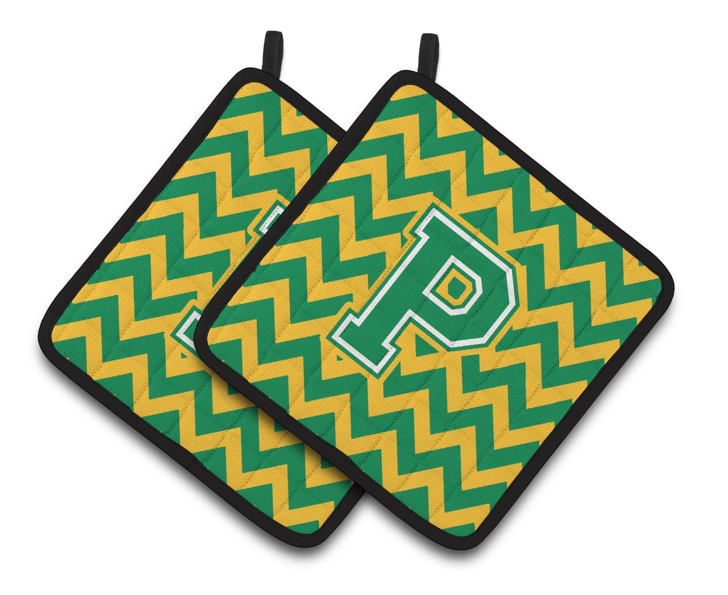 Letter P Chevron Green and Gold Pair of Pot Holders