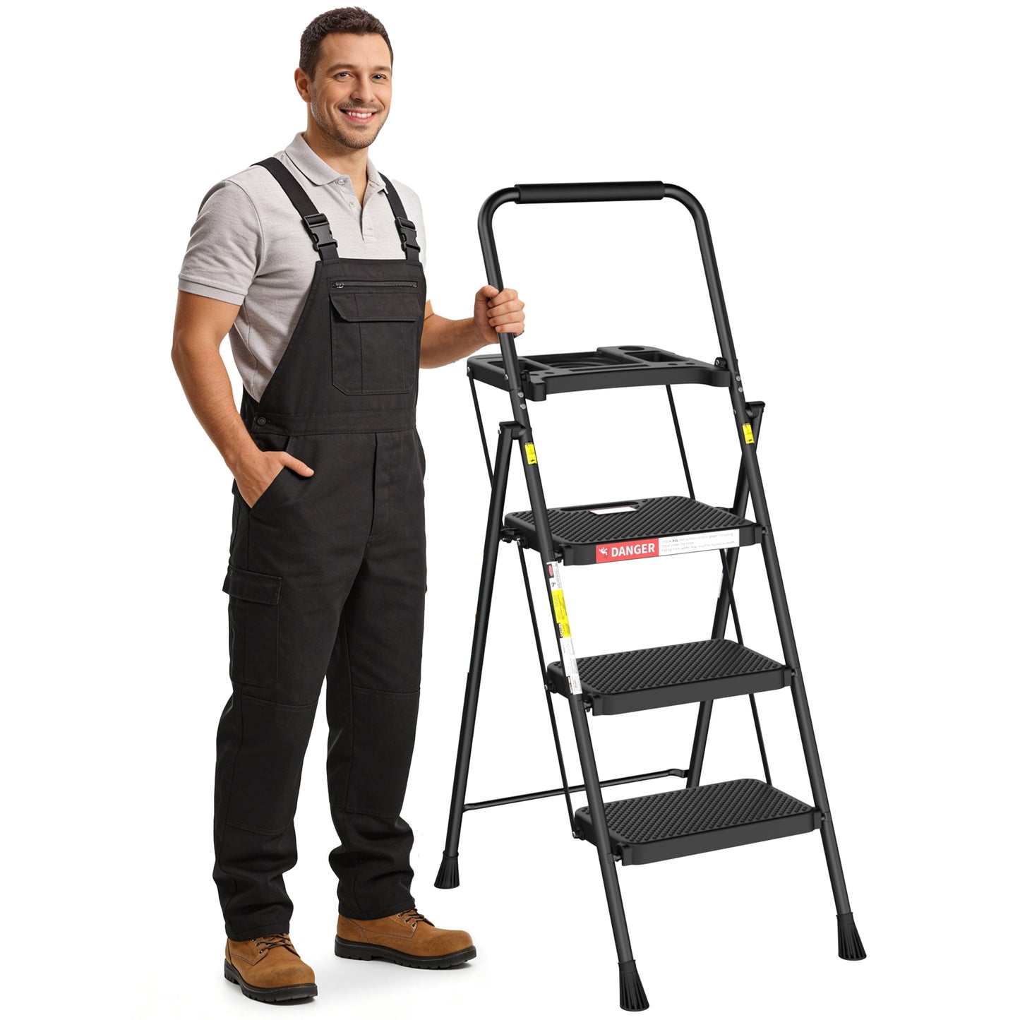 LevLad 3 Step Ladder with Tool Tray, 3 Step Stool with Safety Lock, Non-Skid Wide Steps, Household Folding Ladder for Home, Garden, Painting, Outdoor, Garage, Black