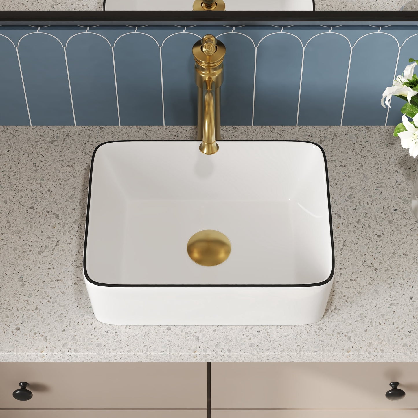 Liberty 16 in. Rectangular Ceramic Bathroom Vessel Sink Art Basin in White and Black Rim Faucet Not Included DV-1V0317