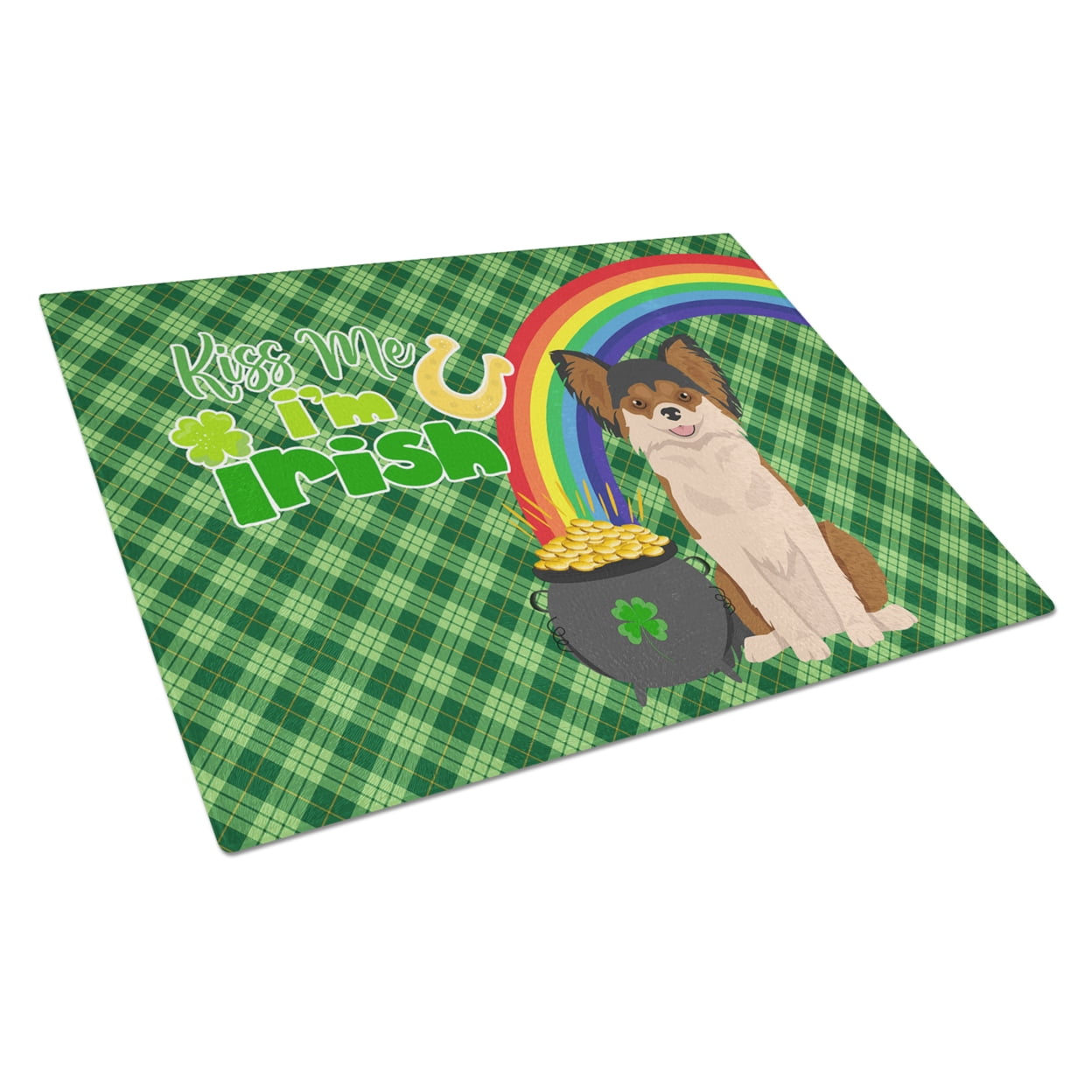 Longhaired Black and Red Chihuahua St. Patrick's Day Glass Cutting Board Large 12 in x 15 in