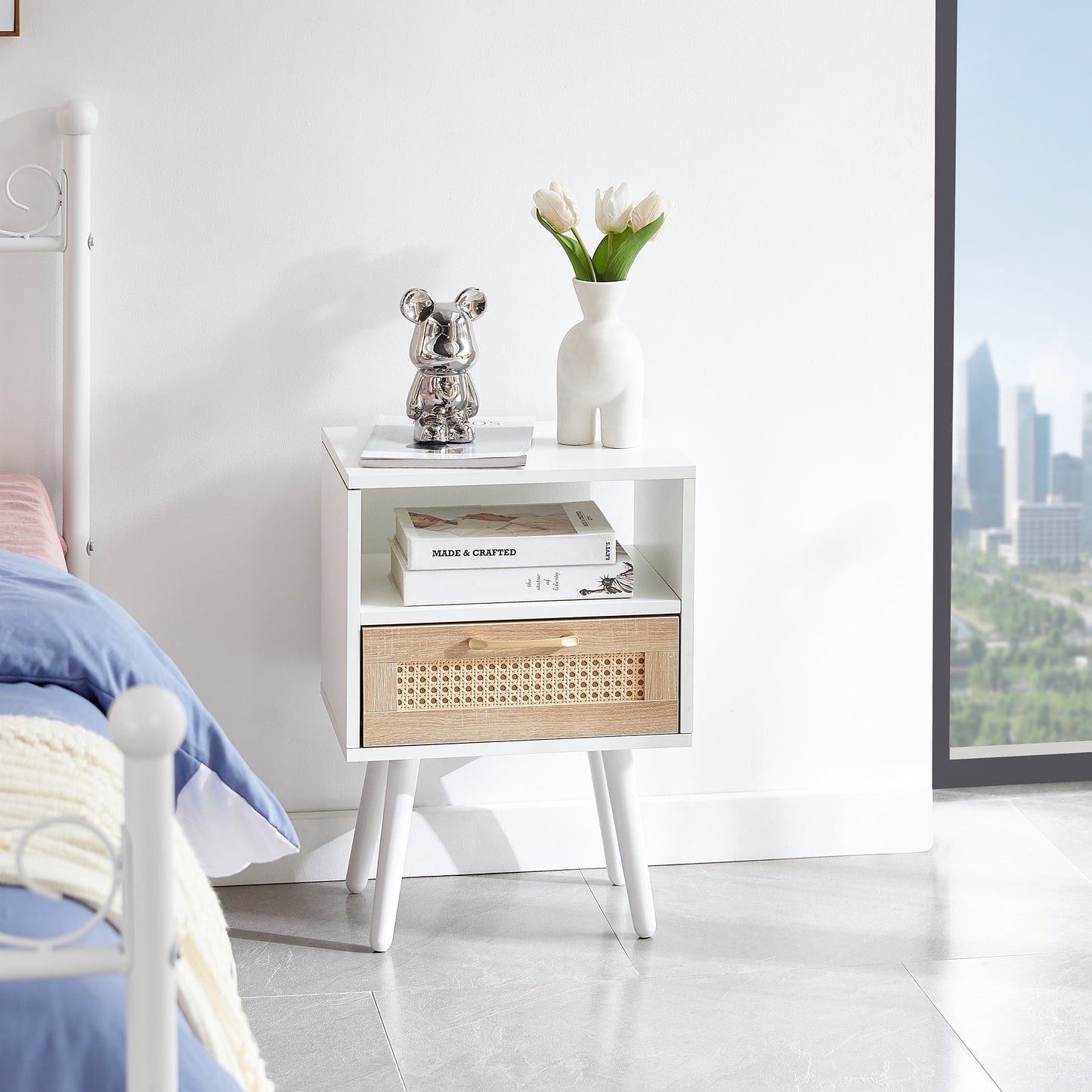 MAYEERTY 15.75" Rattan End Table with Drawer & Solid Wood Legs – Modern Nightstand for Living Room & Bedroom, White