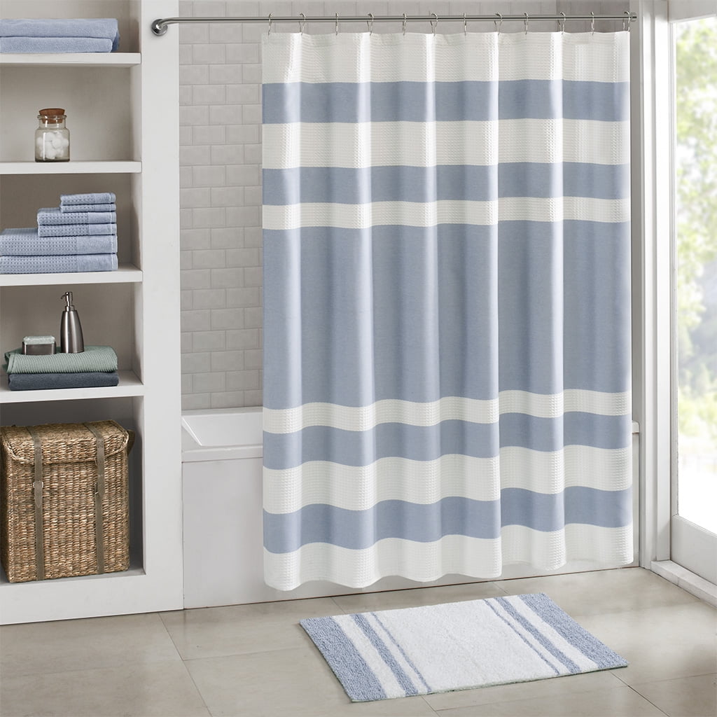 MAYEERTY Medium Pile Cotton Reversible Bathroom Rug, Non-Slip Bath Mat, Blue, 27"W x 45"L