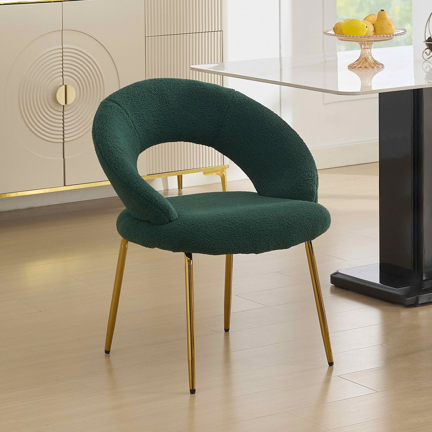 MAYEERTY Set of 1 Teddy Fabric Dining Chair, Curved Backrest & Golden Metal Legs, for Kitchen & Dining Room, White