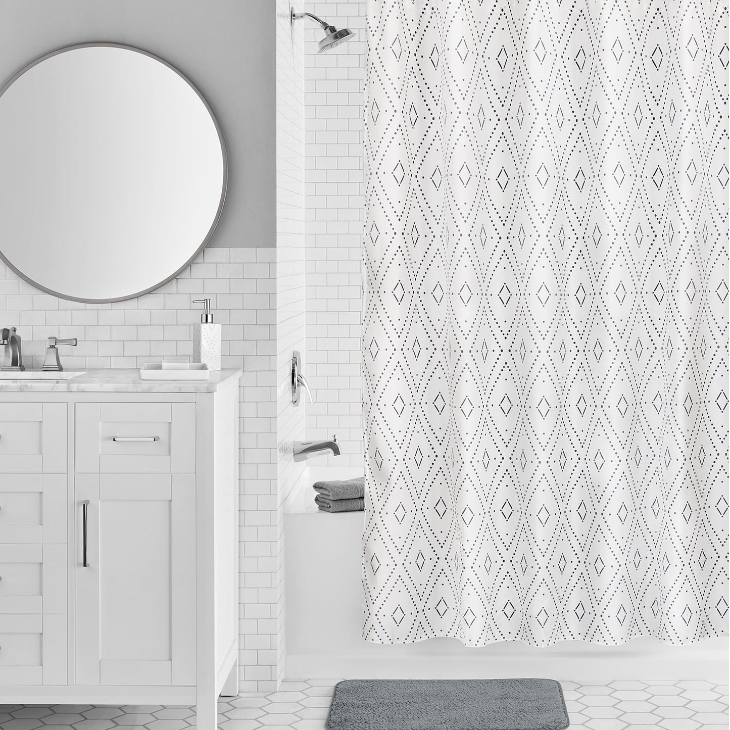 Mainstays 16-Piece White Diamond Pattern Shower Curtain Bathroom Set – Fabric Curtain with Rug, Hooks, Soap Dispenser & Tray