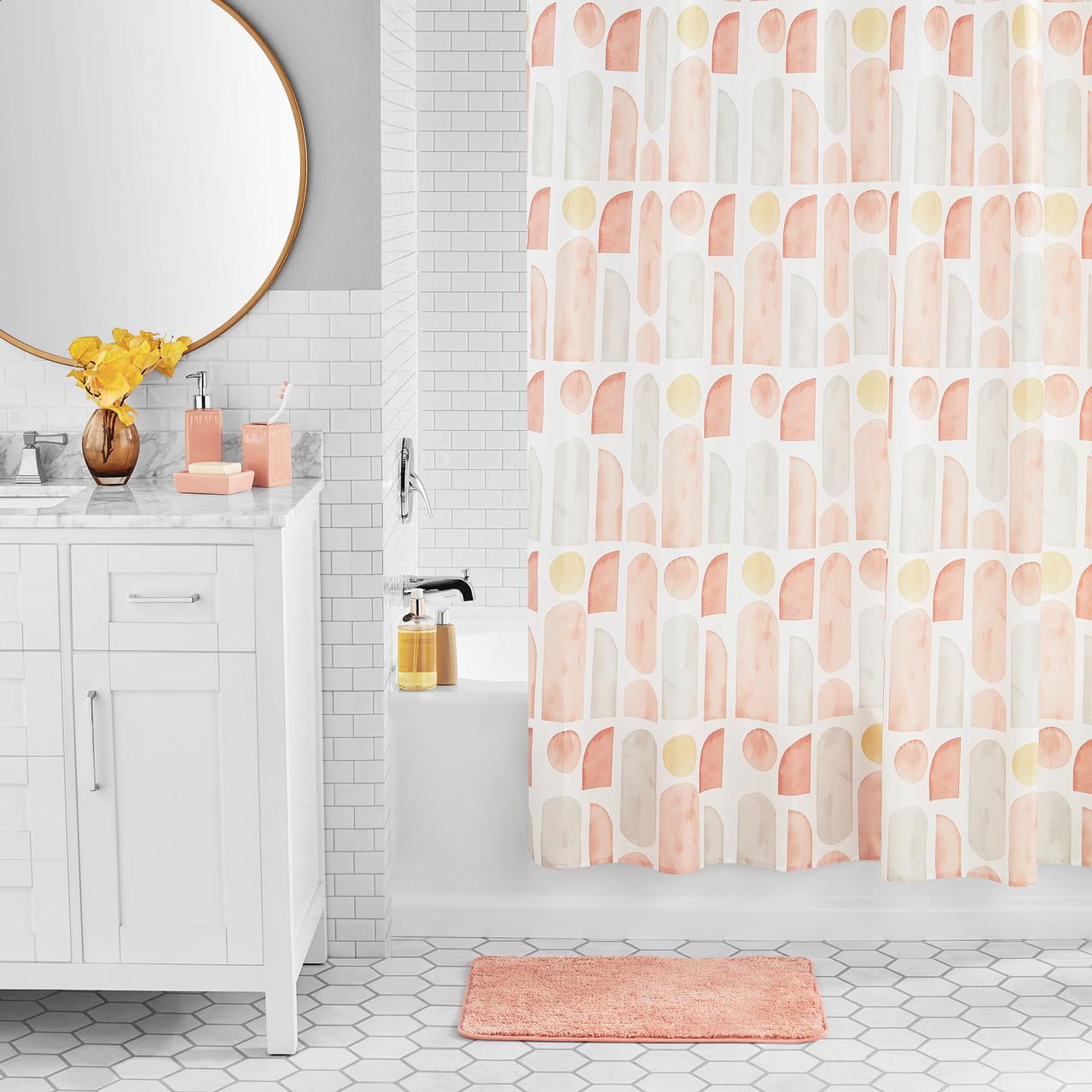 Mainstays Juego de Cortina de Ducha y Accesorios de Baño de Poliéster/cerámica con Estampado Geométrico de 17 Piezas, Terracota