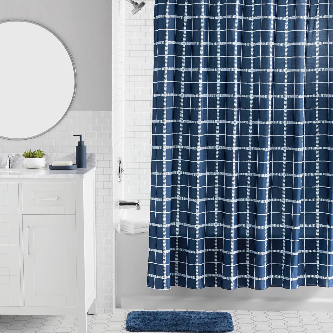 Mainstays 16-Piece Navy Blue Check Shower Curtain Bathroom Set – Fabric Curtain with Rug, Hooks, Soap Dispenser & Tray