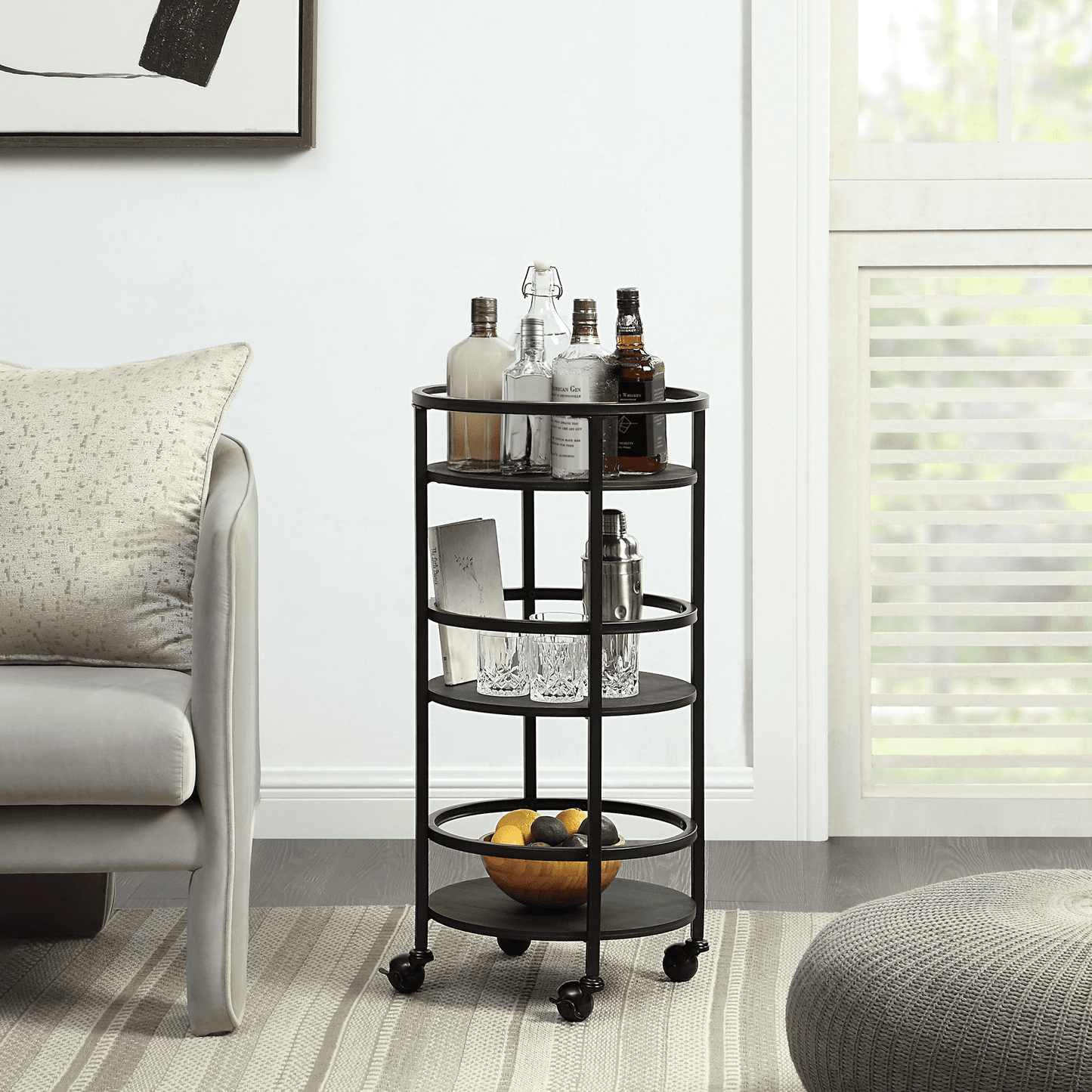Mainstays 32" 3-Tier Rolling Round Kitchen Storage Bar Cart, Black