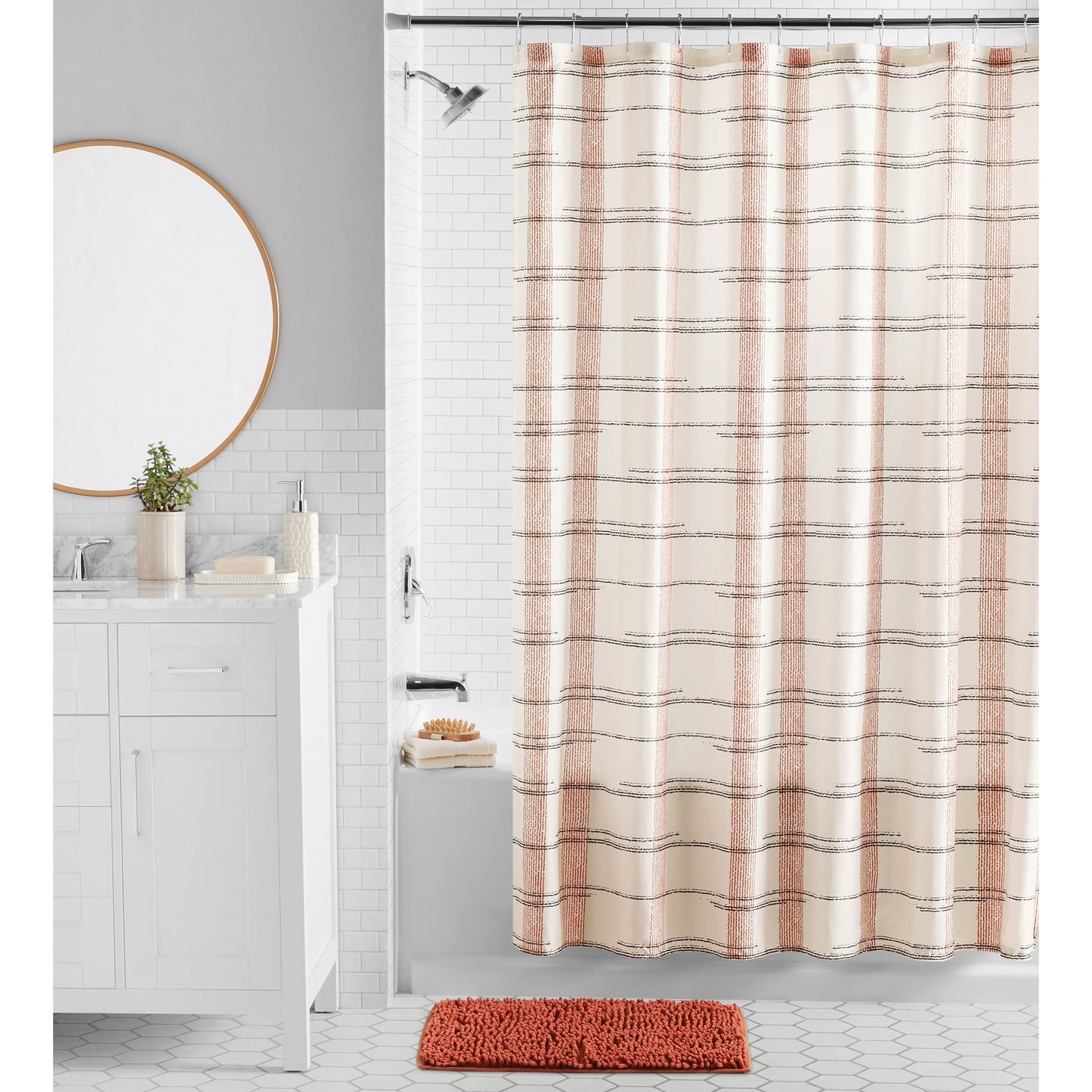 Mainstays Red Plaid Shower Curtain Set – 16-Piece Bathroom Set with Hooks, Bath Rug, Soap Pump & Tray – Red Canyon, Machine Washable