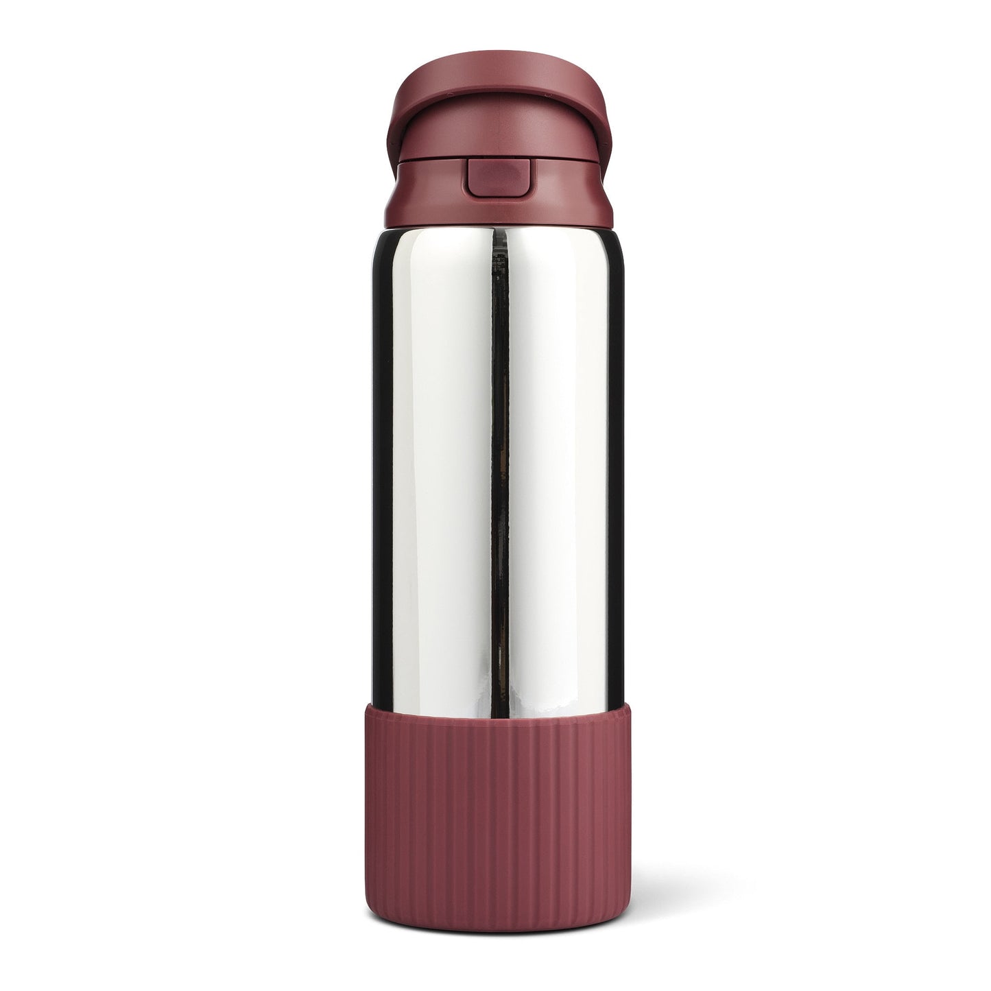 Mary Lawless Lee x TAL 32oz Stainless Steel 2-in-1 Straw and Chug Water Bottle with Push Lid, Chrome with Oxblood Ribbed Boot