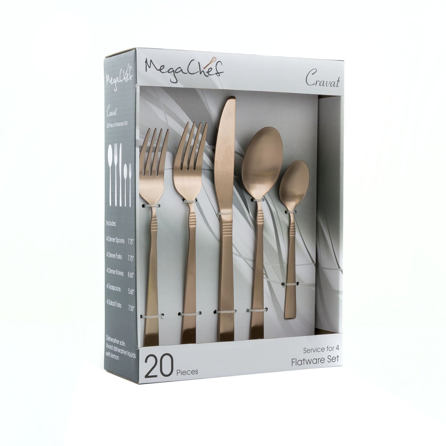 MegaChef Cravat Juego de Utensilios de CuberterÃa de 20 Piezas, Cubiertos de Acero Inoxidable para Servicio de Metal para 4 en Plata Mate