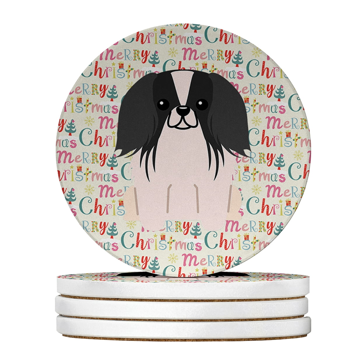 Merry Christmas Pekingese Black White Large Sandstone Coasters Pack of 4 4 in x 4 in