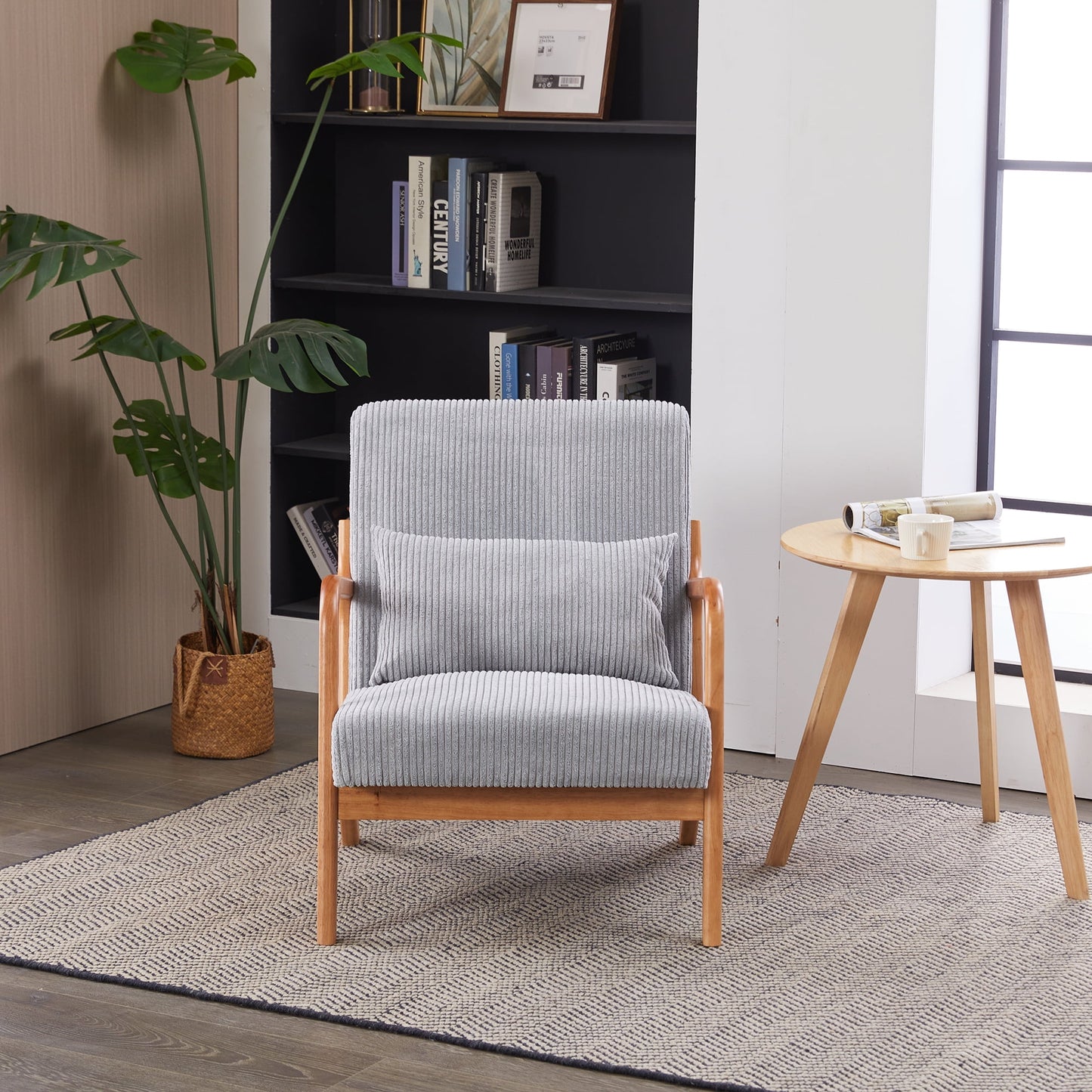 Mid-Century Modern Accent Chair,Arm Chair with Solid Wood Frame,Reading Chair with Pillow Upholstered,for Living Room Bedroom Sunroom(Light Gray+Light Brown)