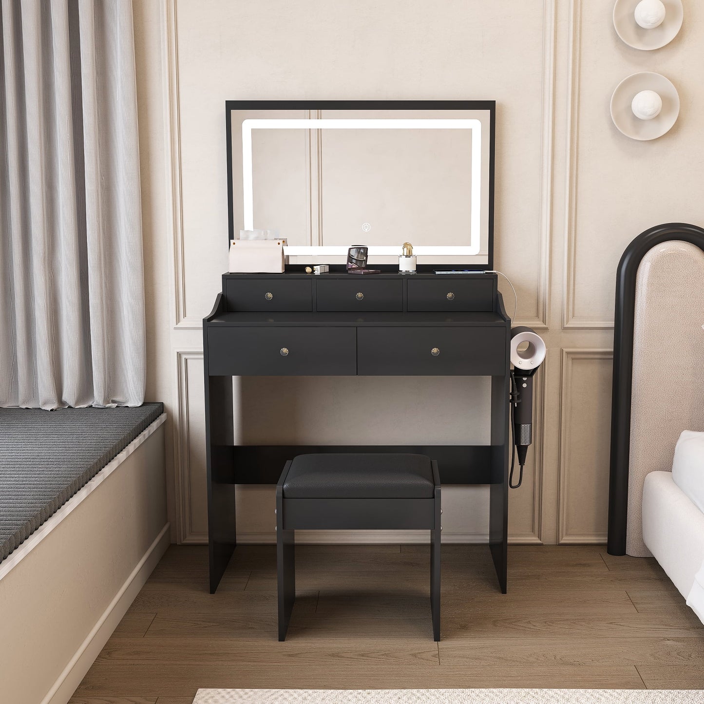 Mintazer Vanity Desk Set with Mirror and Adjustable LED Lights, Modern Makeup Vanity Set with Power Outlet & Hair Dryer Holder, 5 Drawers and Stool, Black