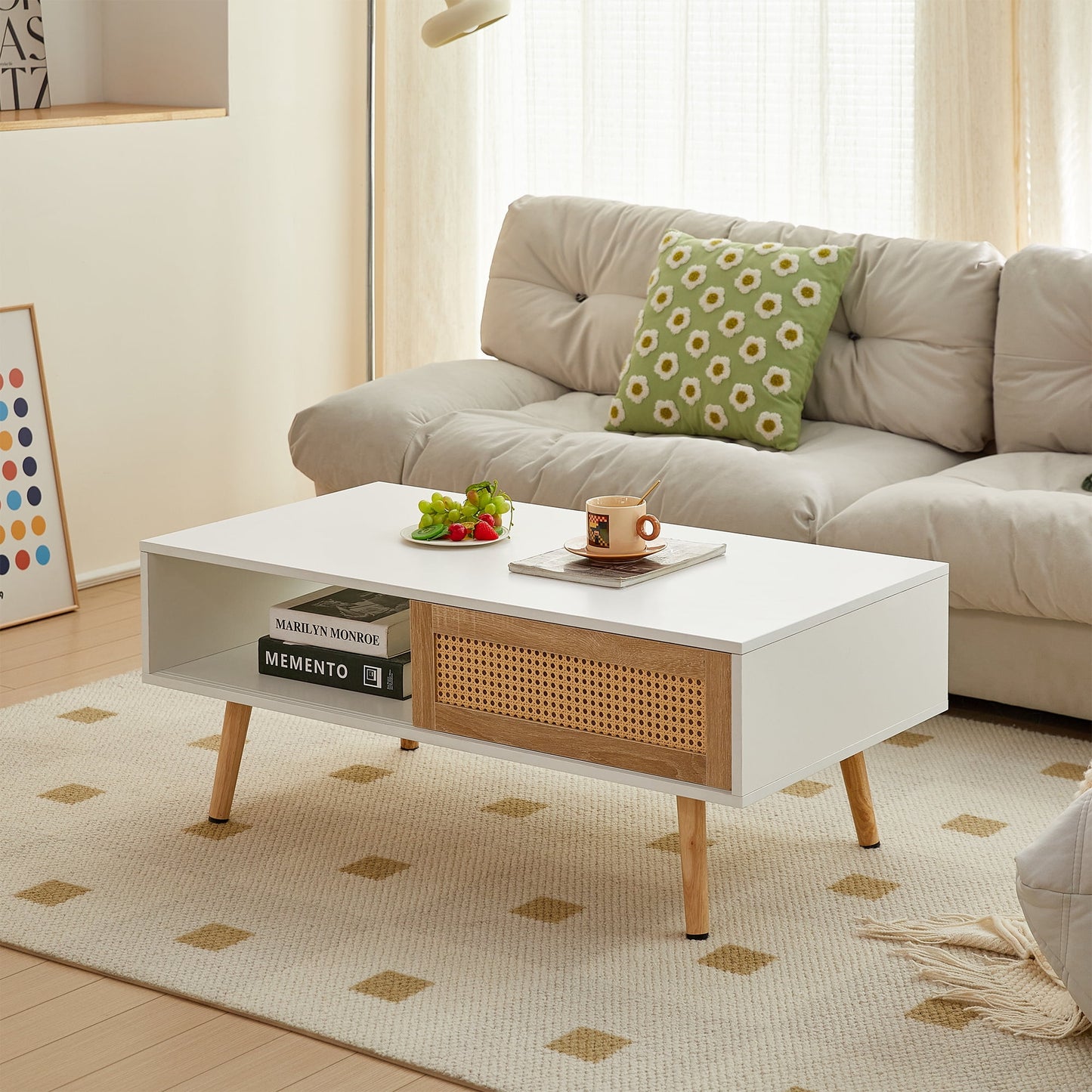 Mitinya Storage Rectangle Solid Wood MDF Coffee Table with Sliding Storage Door, White
