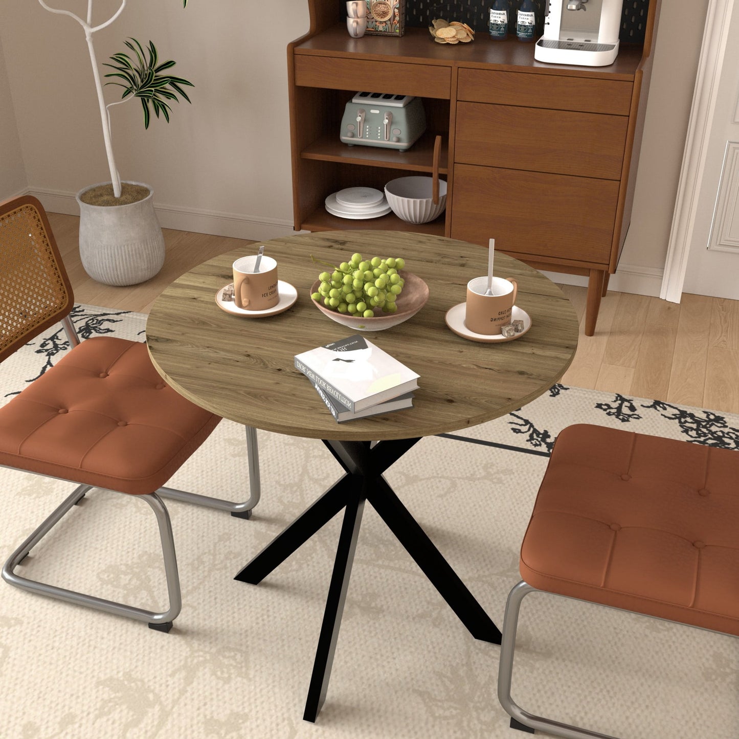 Mesa de Comedor Redonda Moderna, Mesa de Cocina Pequeña de 35.43" con Patas de Metal Negras para 2-4 Personas, Marrón