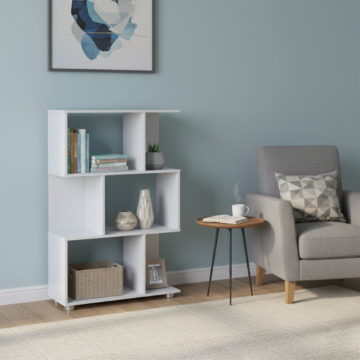 AC Pacific Manor Modern Staggered 3-Shelf Bookcase, White