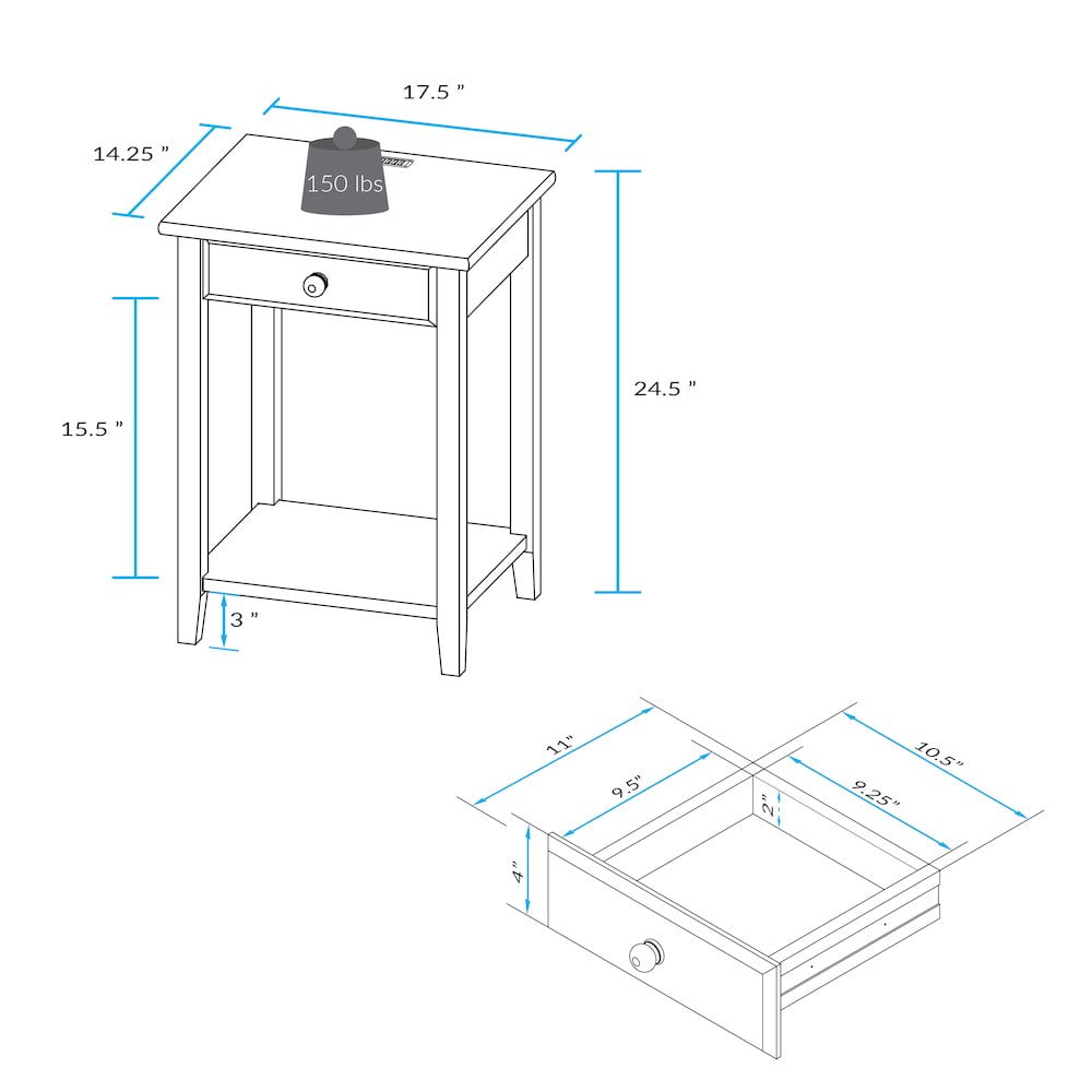 Casual Home Night Owl Nightstand with USB Port - Walnut Black