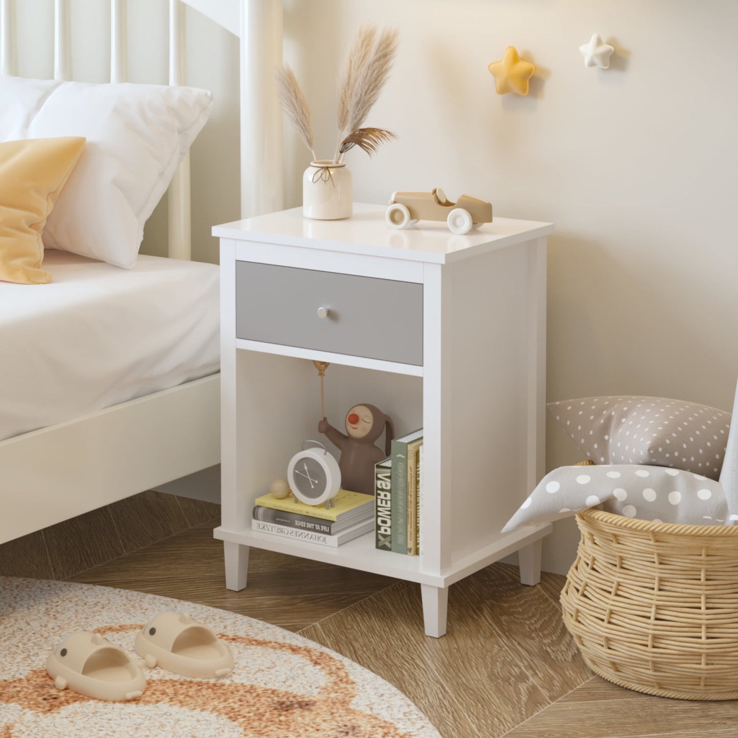 Noble House 26.8" Kids and Adults Wooden Nightstand, 1-Drawer Bedside Table with Shelf, Silver Handle, White & Gray