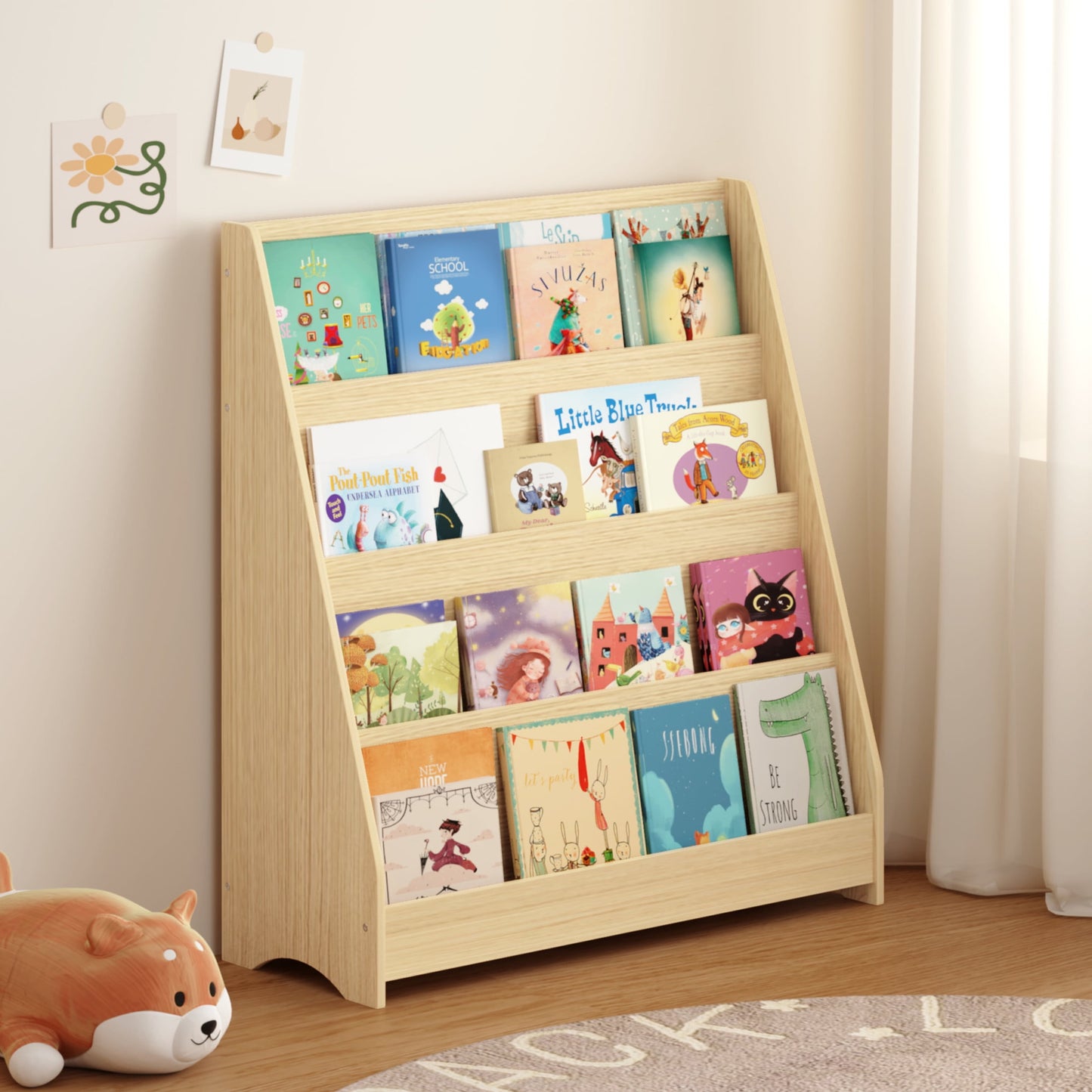Noble House Elshore 31.5" 4-Tier Kids Bookshelf, Toddler Book Display Shelf, Wood Bookcase for Kids Room, Natural