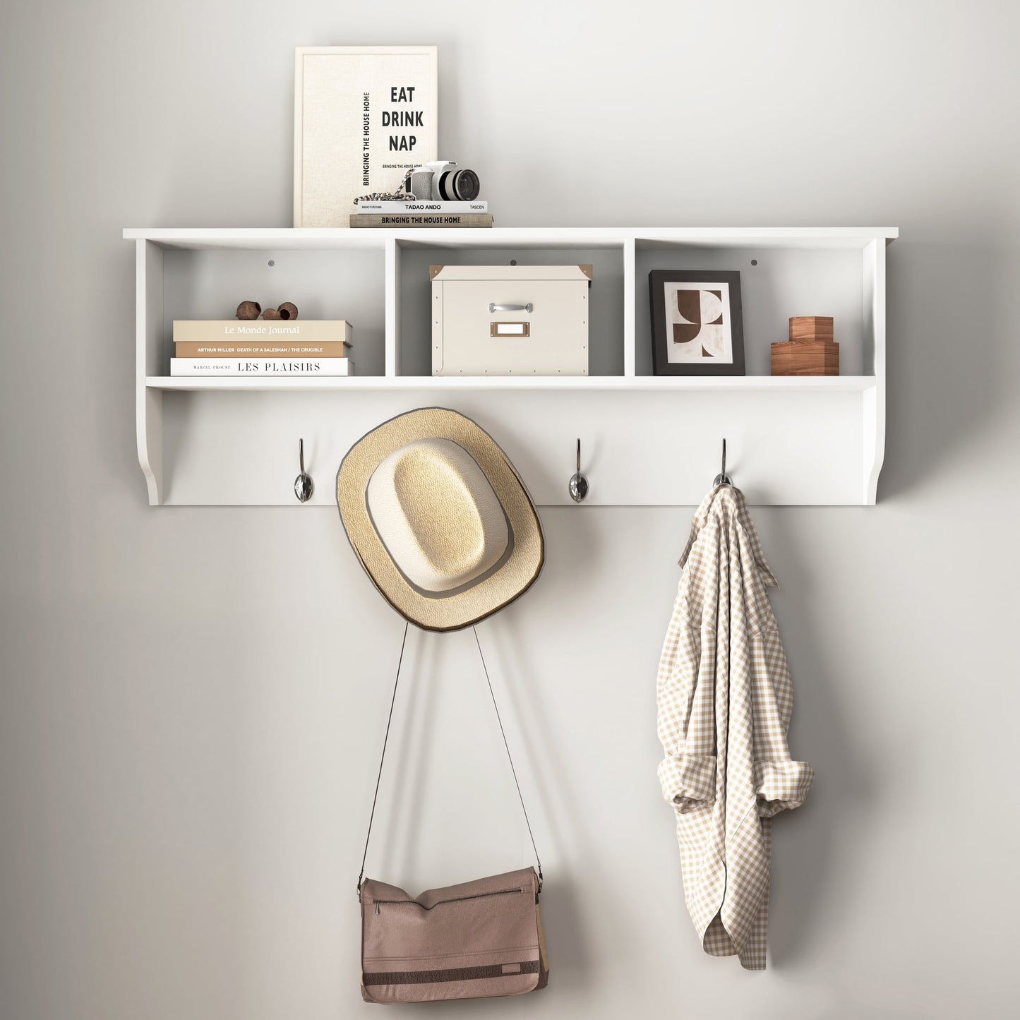 Noble House Wall Mounted Entryway Coat Rack with Storage Shelf and 4 Dual Hooks, MDF Wood, Espresso