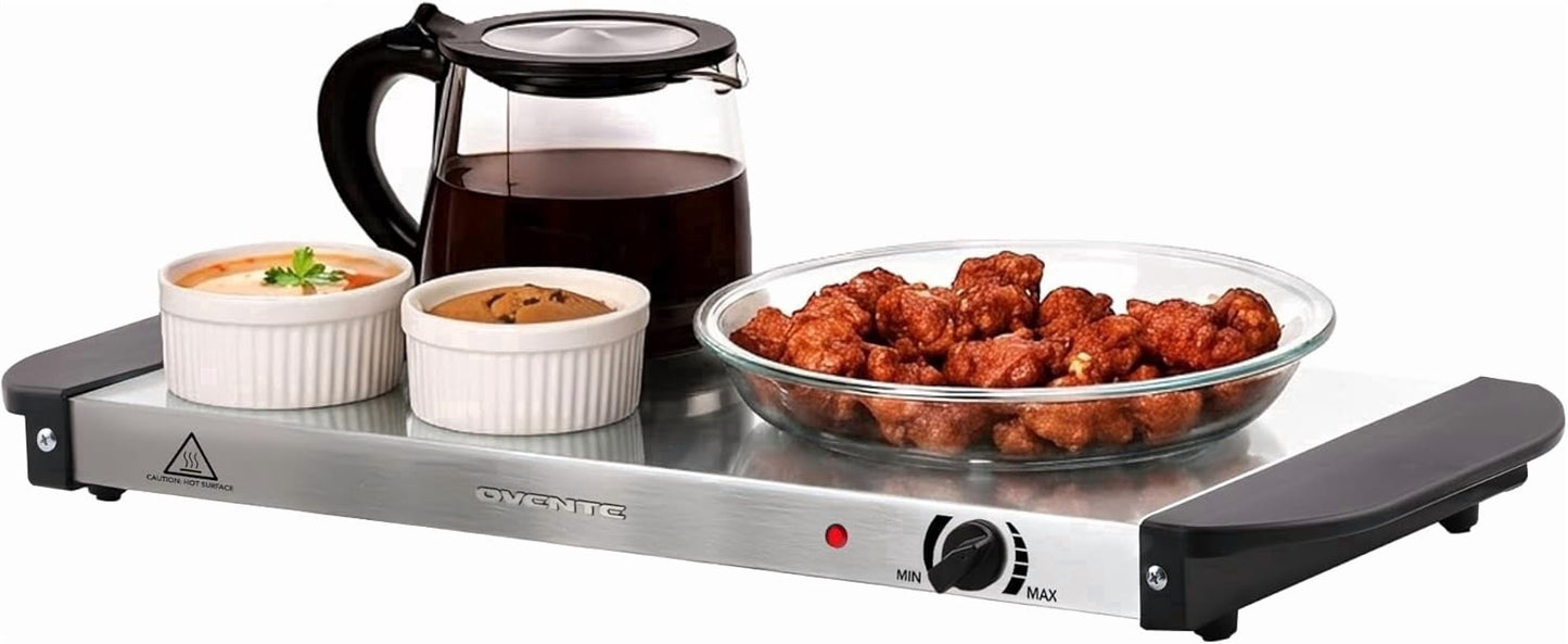 OVENTE Electric Warming Tray, Adjustable from 90°F to 284°F, Silver FW170S | Compact Food Warmer & Server for Buffets, Perfect for Parties, Events, and Dinners, with Cool-Touch Handles, Stainless Ste