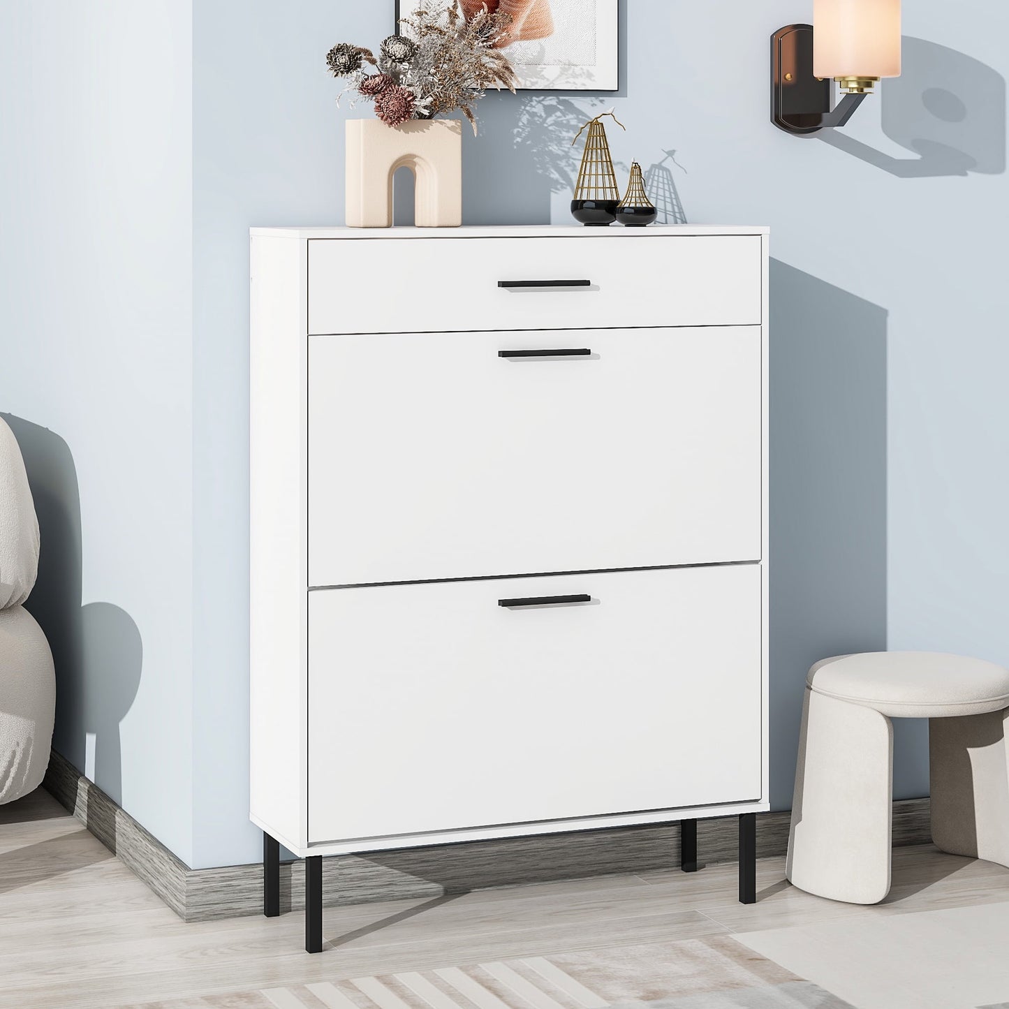 PORKISS Shoe Storage Cabinet, Wood Shoe Cabinet with 2 Flip Drawers, Modern Shoe Organizer with Drawer, Metal Legs, Freestanding Narrow Slim Shoe Rack for Entryway, Living Room, Hallway, White