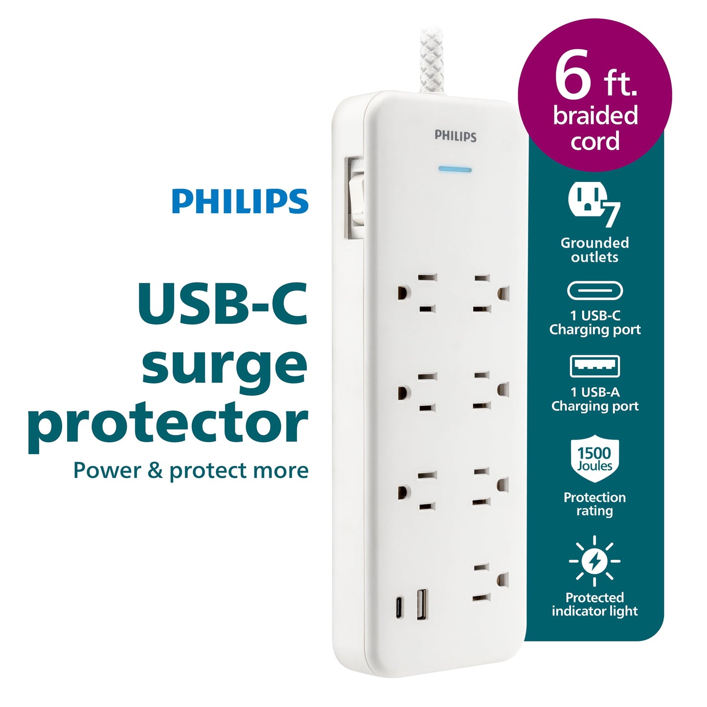 Philips Protector contra Sobretensiones de 6 Ft y 7 Tomas, 1 USB-a, 1 USB-C, 15 W, 1500 J, Cable Trenzado, Blanco