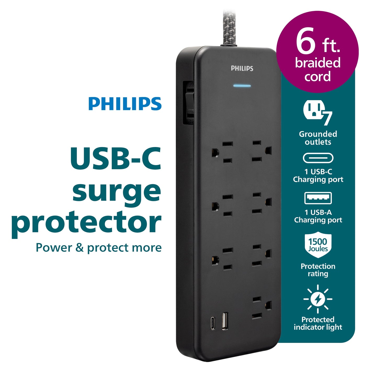 Philips Surge Protector Power Strip with USB Ports, 6 Ft Braided Extension Cord, 1500 Joules, 7 Outlet Extender, 1 USB-C, 1 USB-A, Flat Plug, Black