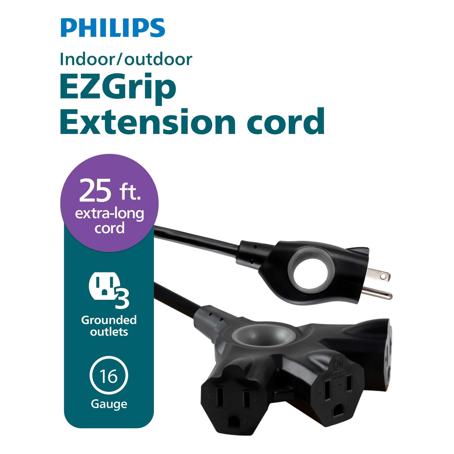 Philips EZGrip 25FT Black Outdoor Extension Cord 3 Prong with Multiple Outlets, 16AWG