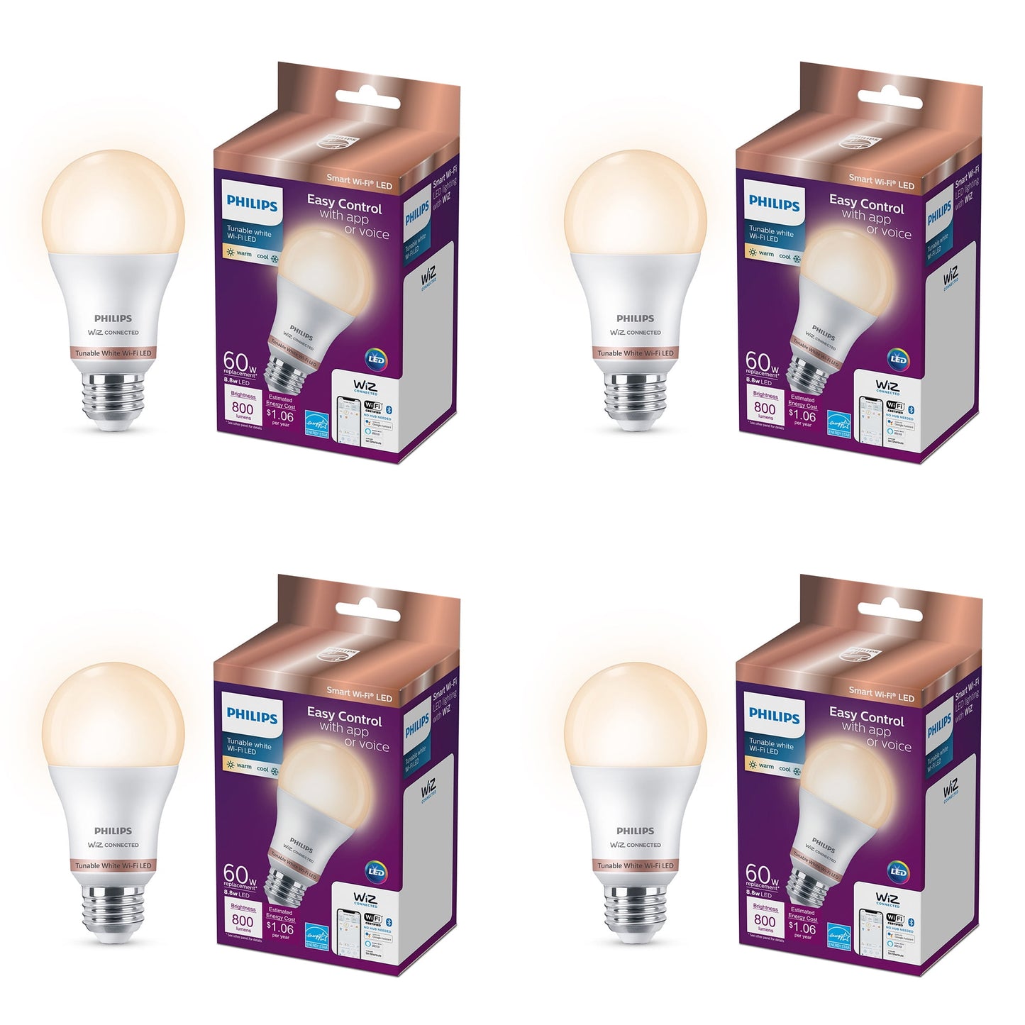 Philips Smart LED 60-Watt A19 General Purpose Light Bulb, Frosted, Tunable White, Dimmable, E26 Medium Base (4-Pack)