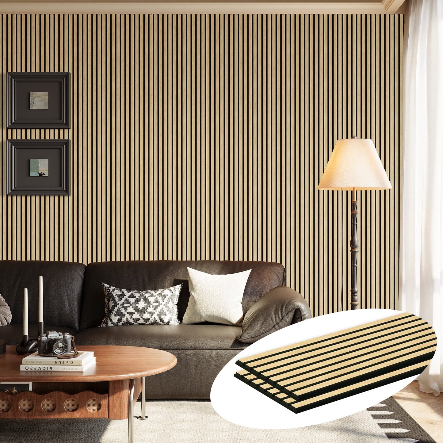 Plank & Hue 2Pcs 106"x12.6" Wood Slat Acoustic Wall Panels, 3D Fluted Soundproof Decorative Panels for Interior Walls, White Oak