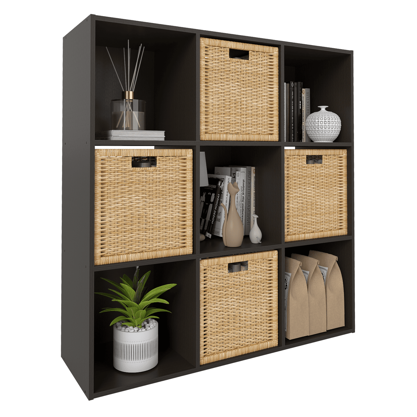 Prilinex Stackable 9 Cube Storage Organizer - Open Cube Bookshelf with Removable Back Panels, Display Storage Bookcase,Wood Cubes Shelf for Toy & Clothes Book Organization, Espresso