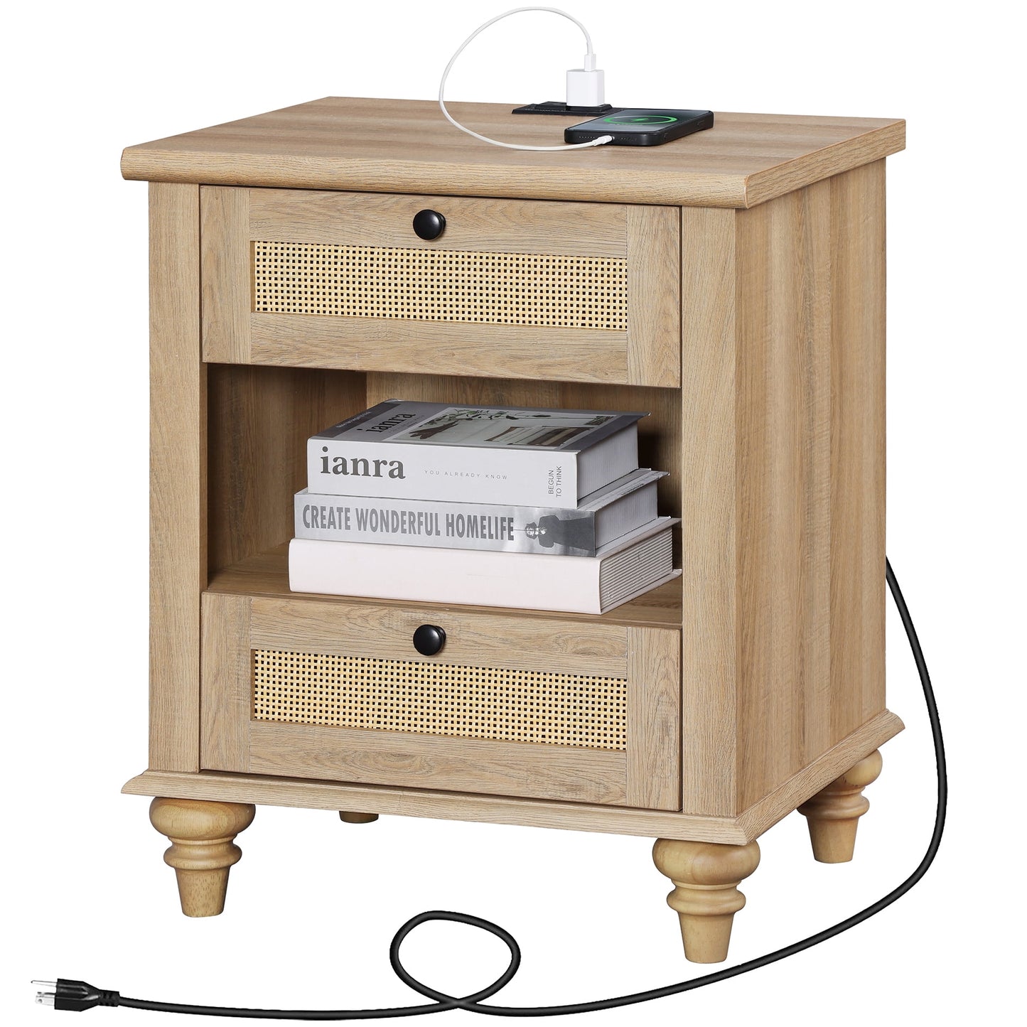 Rattan Night Stand with Charging Station, 20 Inch Vintage End Table with 2 Drawers for Bedroom, Living Room, Antique Oak
