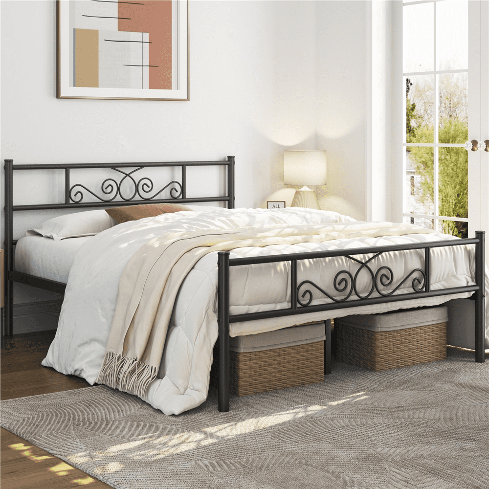 Renwick Cama Plataforma Moderna de Metal con Arabesco para Adulto, Negra, Full